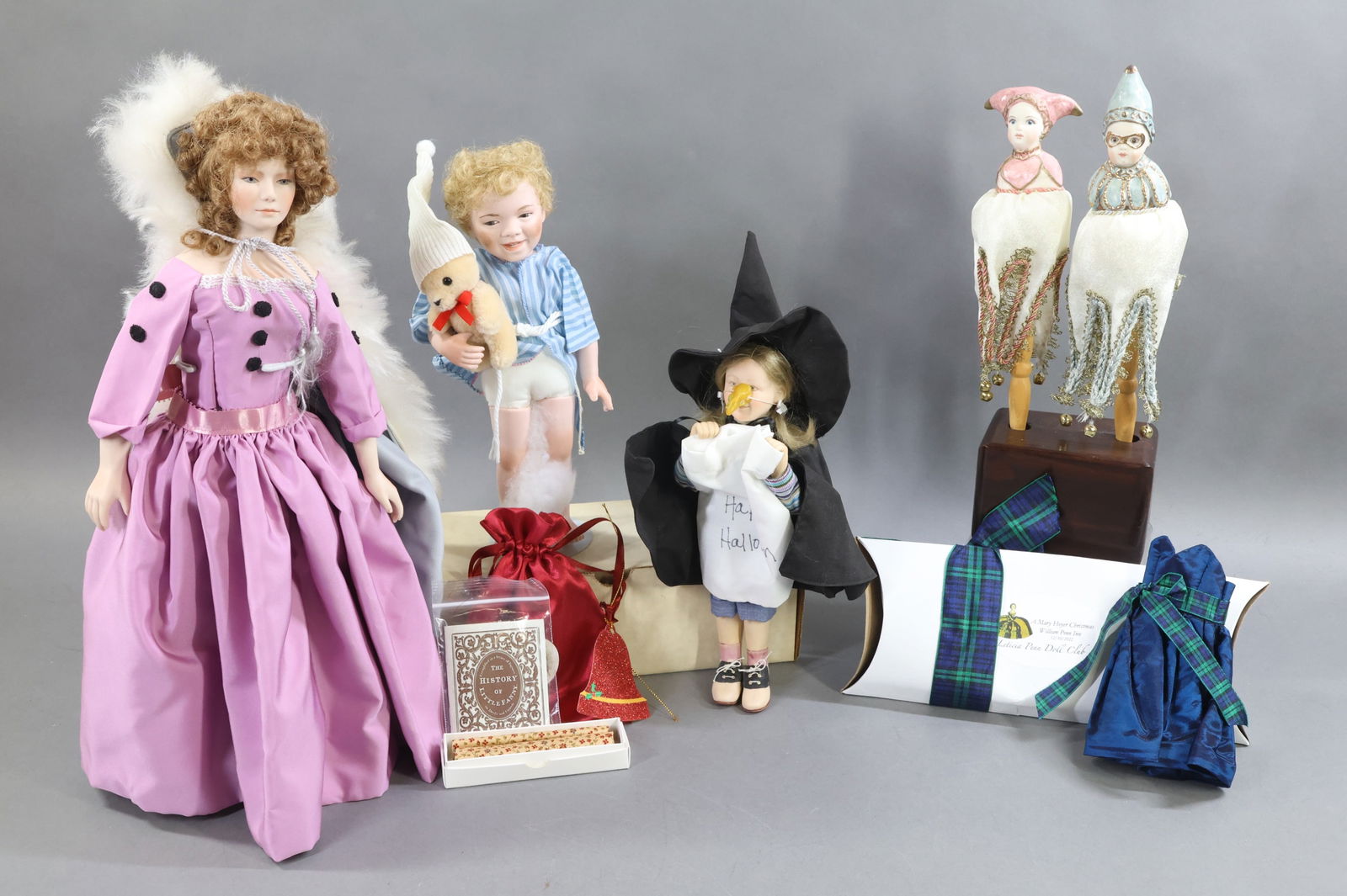 CONTEMPORARY/UFDC DOLLS.: LOT of UFDC/Regional souvenir, luncheon dolls made by different artists. UFDC - 1989 St. Louis Convention "John Clendenien" doll by artist Linda Steele. Region 13 - 1988 Letitia Penn Doll Club