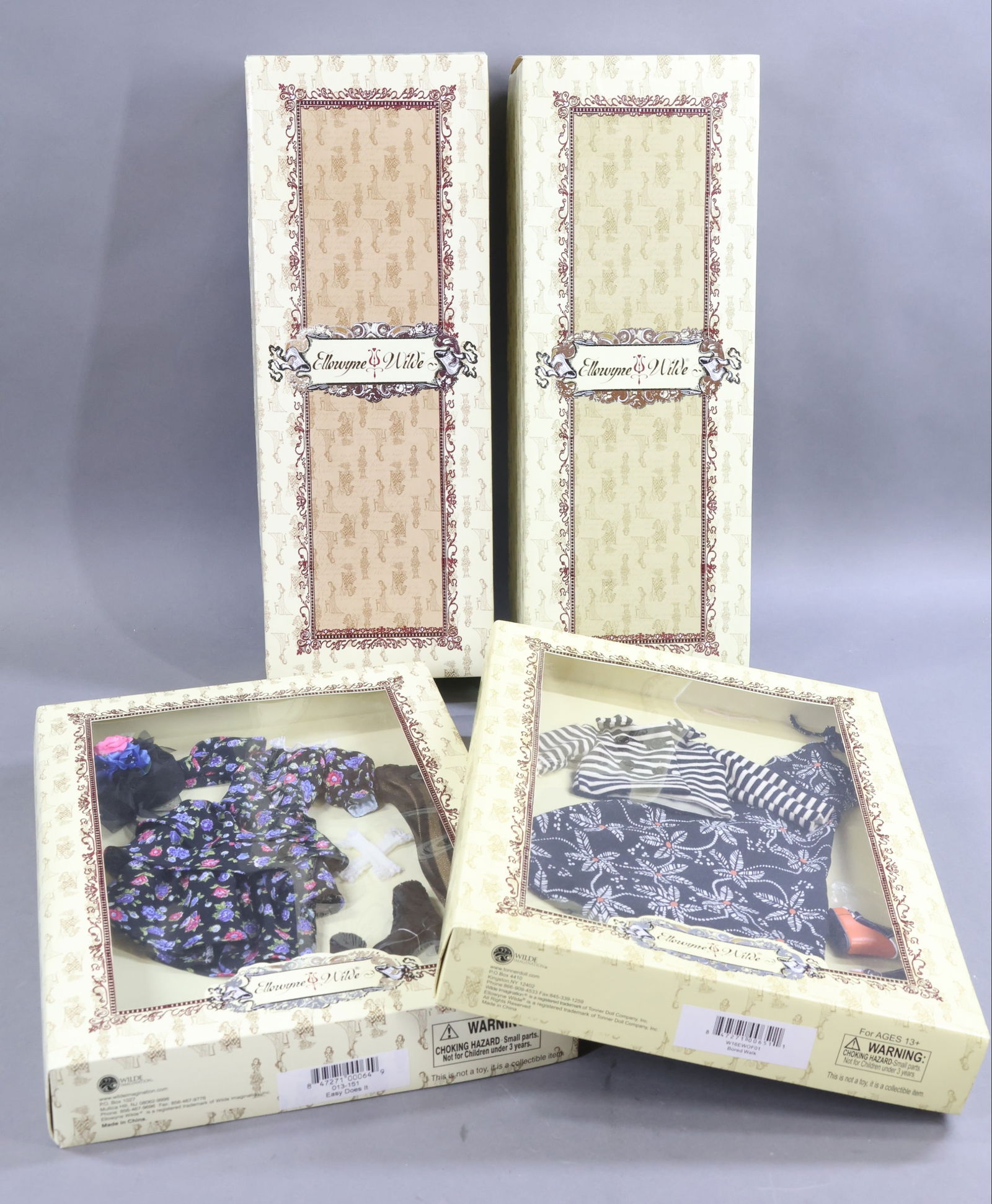 CONTEMPORARY ARTIST DOLLS.: LOT of ELLOWYNE WILDE by Wilde Imagination. (2) Dolls. MIB "Essential Ellowyne, Too! Wigged Out" with extra wig and outfit in box. "Essential Ellowynne - Blonde" in OB. (2) MIB outfits - "Bored Walk"