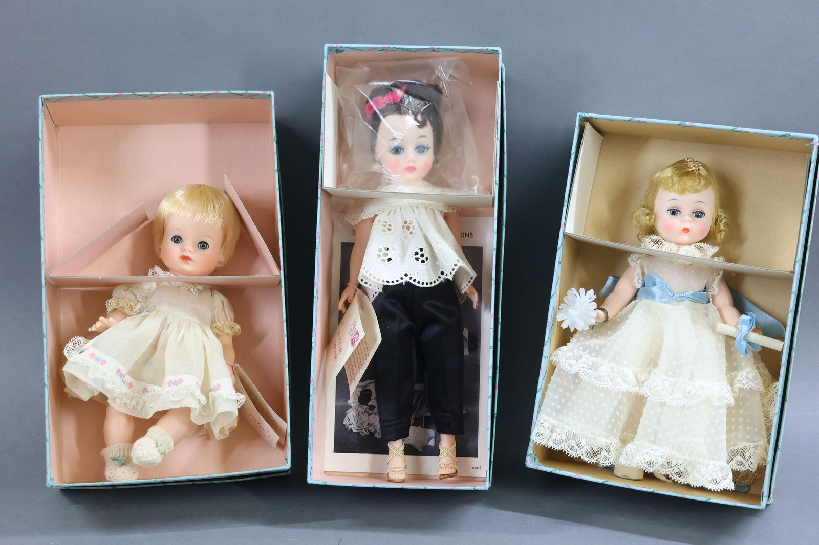 1940's-1960's DOLLS: LOT of (3) MINT MADAME ALEXANDER DOLLS in OB. MIB 1961 #905 "Margot" brunette Cissette with hang tag, pamphlet in original box. MIB 7" 1963 vinyl #845 "Littlest Kitten" with hang tag in original box.