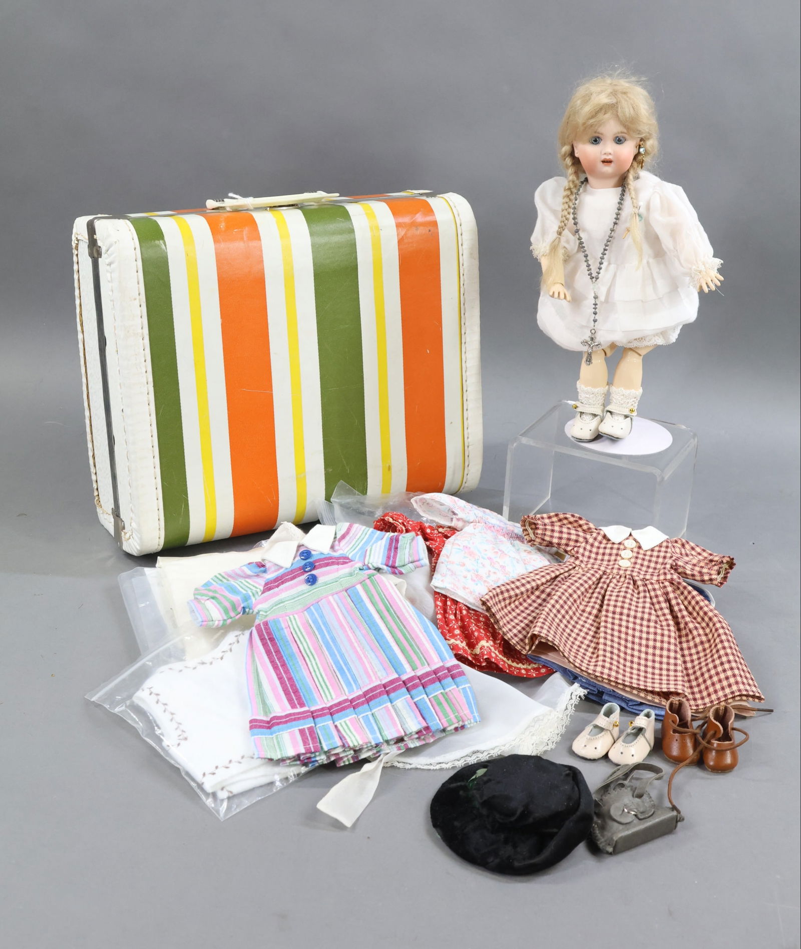 FRENCH ARTIST DOLLS.: LOT. 11" "Bluette" marked February, 2006 RH. Stationary blue eyes, blonde braided mohair wig. She comes with a wardrobe of leather purse, (4) prs. shoes, (8) outfits, misc. jewelry and accessories.