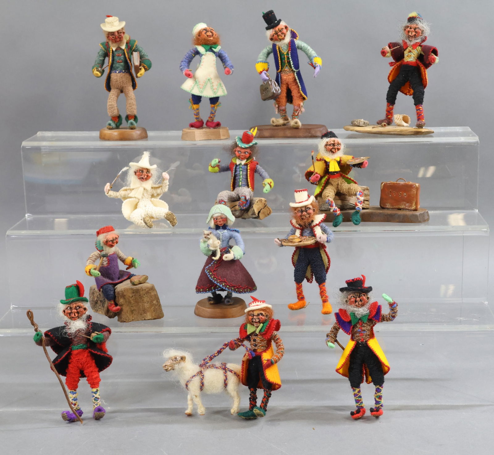 MINIATURE DOLL ARTIST DOLLS.: LOT of character dolls by artist Eulalia S. Stauffer (7/30/1897 - 6/15/1970) of Pacific Grove, CA. All of these characters are 3 1/2" - 4 1/2" . (3) Single figures doing a variety of things. Some