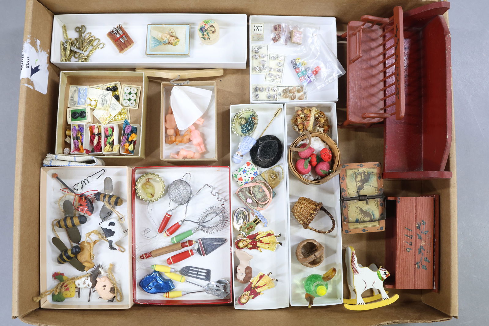 MINIATURES/DOLLS: LOT. MINIATURES. MINI sewing - carded buttons, scissors, embroidery floss. Carded shells, dice, cards. Tin picnic basket. Kitchen utensils (large scale). Christmas ornaments. Baskets. Doll pins,