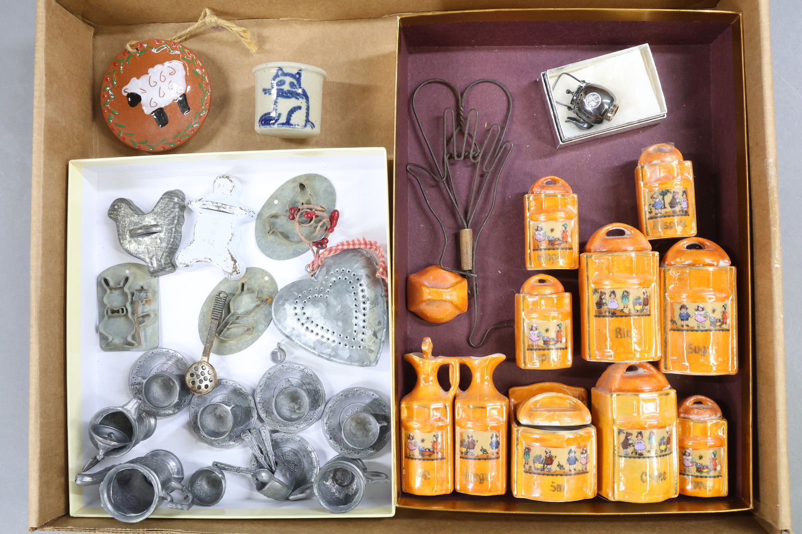 MINIATURES.: LOT of LARGER SIZE SCALE items. Set of German china "6171" 10 pc. lidded canister set, oil/vinegar. Extra lid. Oil/vinegar are 3 1/2". Set is orange with children's scene. Embossed Victorian pewter