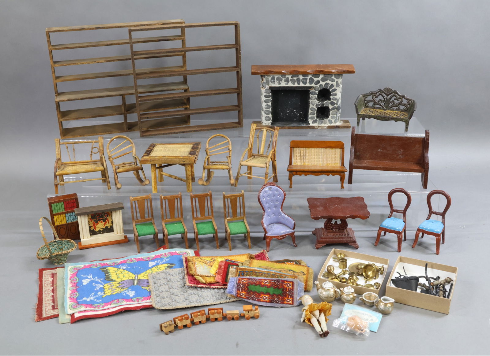MINIATURES.: LOT. Furniture - 5 pc. set of bamboo style. Wooden side chairs Church style pew. Bookcase, misc., (2) Fireplaces. (2) Large sets of shelves (for dry goods?) 5 Pc. of cast iron. Accessories - Lot of ci