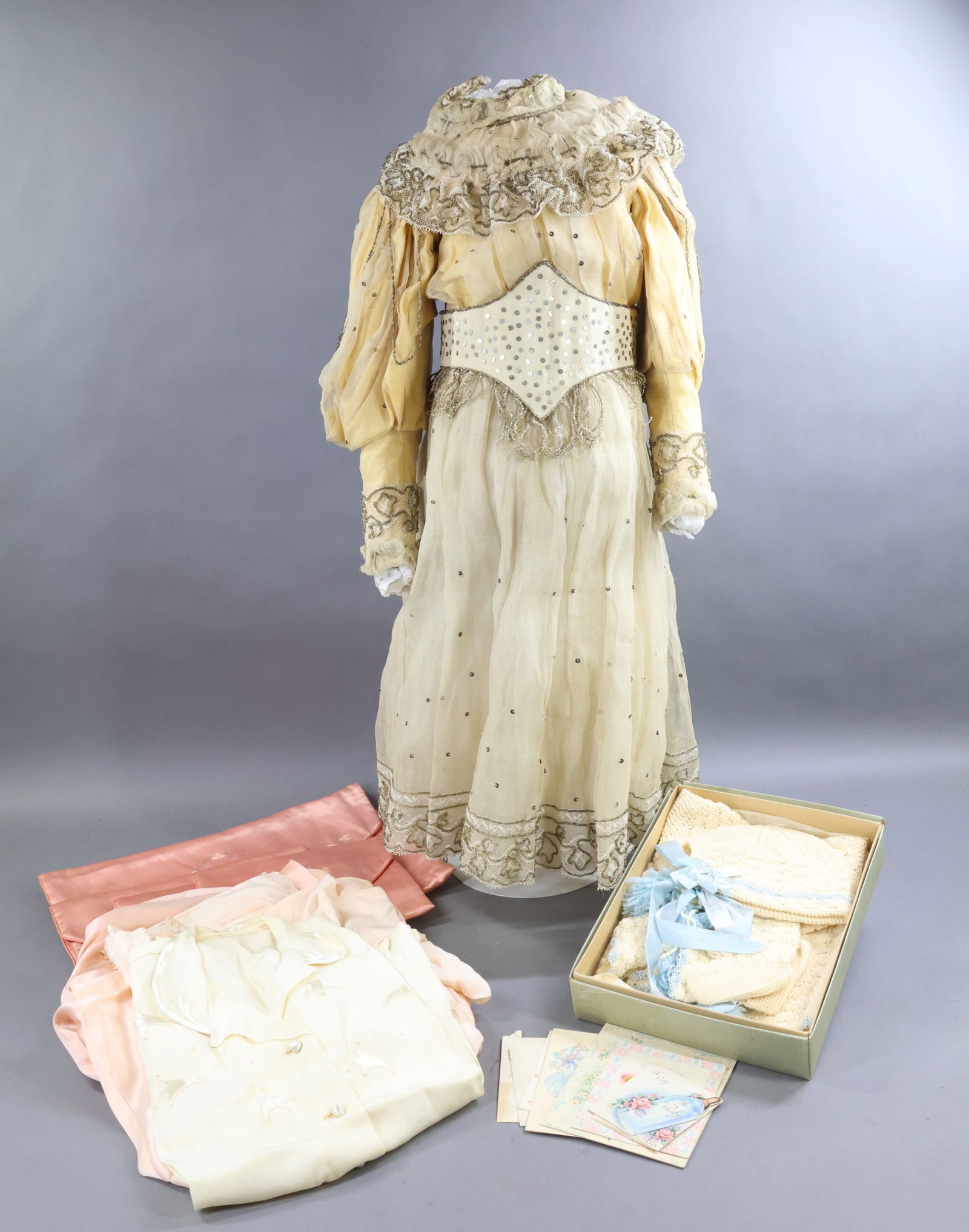 ANTIQUE CLOTHING, ACCESSORIES.: LOT of CHILD's & ADULT clothing. Child's - 32" L. Fancy dress/costume. Fine cotton gauze with sequin, braid and lace trims over a liner. White under the skirt, yellow under the bodice. Gold/white