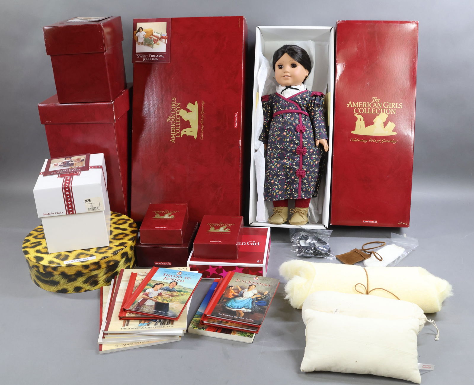 AMERICAN GIRLS.: LOT of JOSEFINA. MINT doll in OB w/book. Large wardrobe of clothing, accessories. Comes with Sweet Dreams Collection - night shift, Bedside Table, Sleigh Bed, Sheepskin, Pillows and Nighttime Necessit
