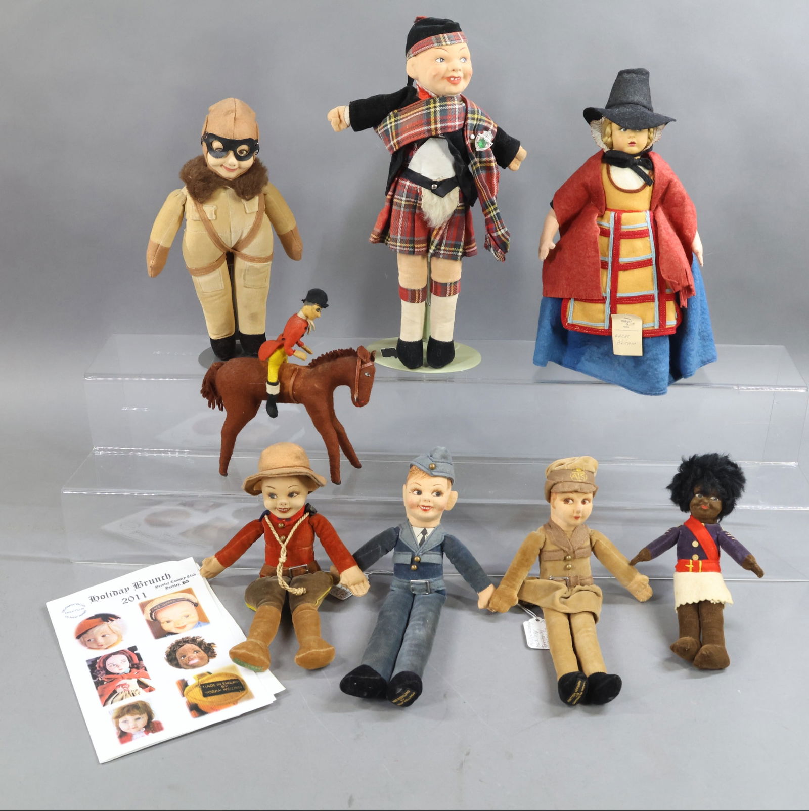 ENGLISH DOLLS.: LOT of (6) Norah Welling dolls, (1) Magis Roma doll representing Great Britain, (1) Felt Hunter. Norah Willings - 10" "Harry The Hawk", WW II, Marked Royal Air Force Comforts Fund, Reg Des No. 837533