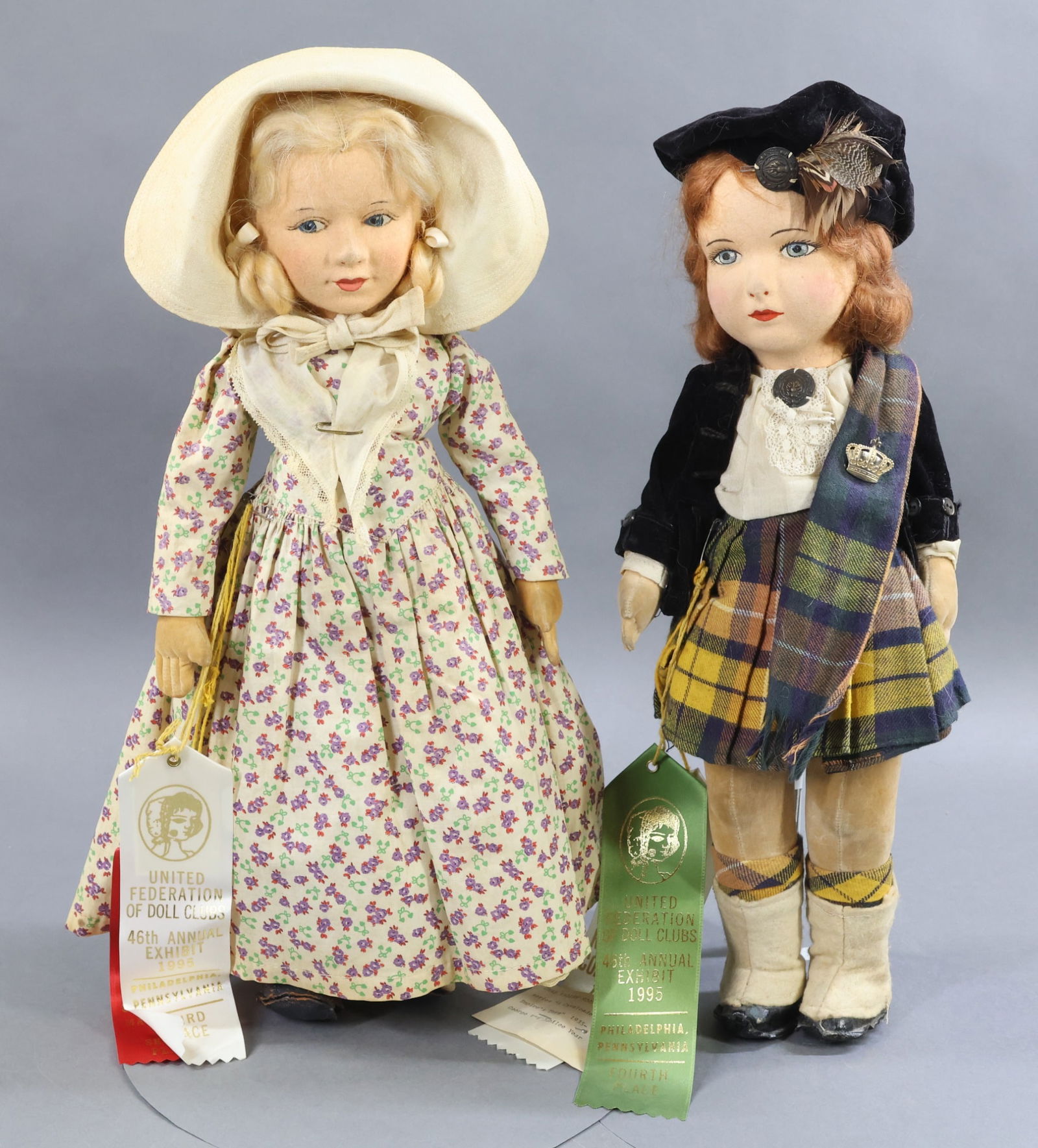 ENGLISH DOLLS.: Pair of CHAD VALLEY dolls. Both dolls have felt faces with painted features, inc. blue eyes. They have mohair wigs. Velvet bodies. Costumes, shoes appear to be all original. Doll 1) 17" "Scots Girl",