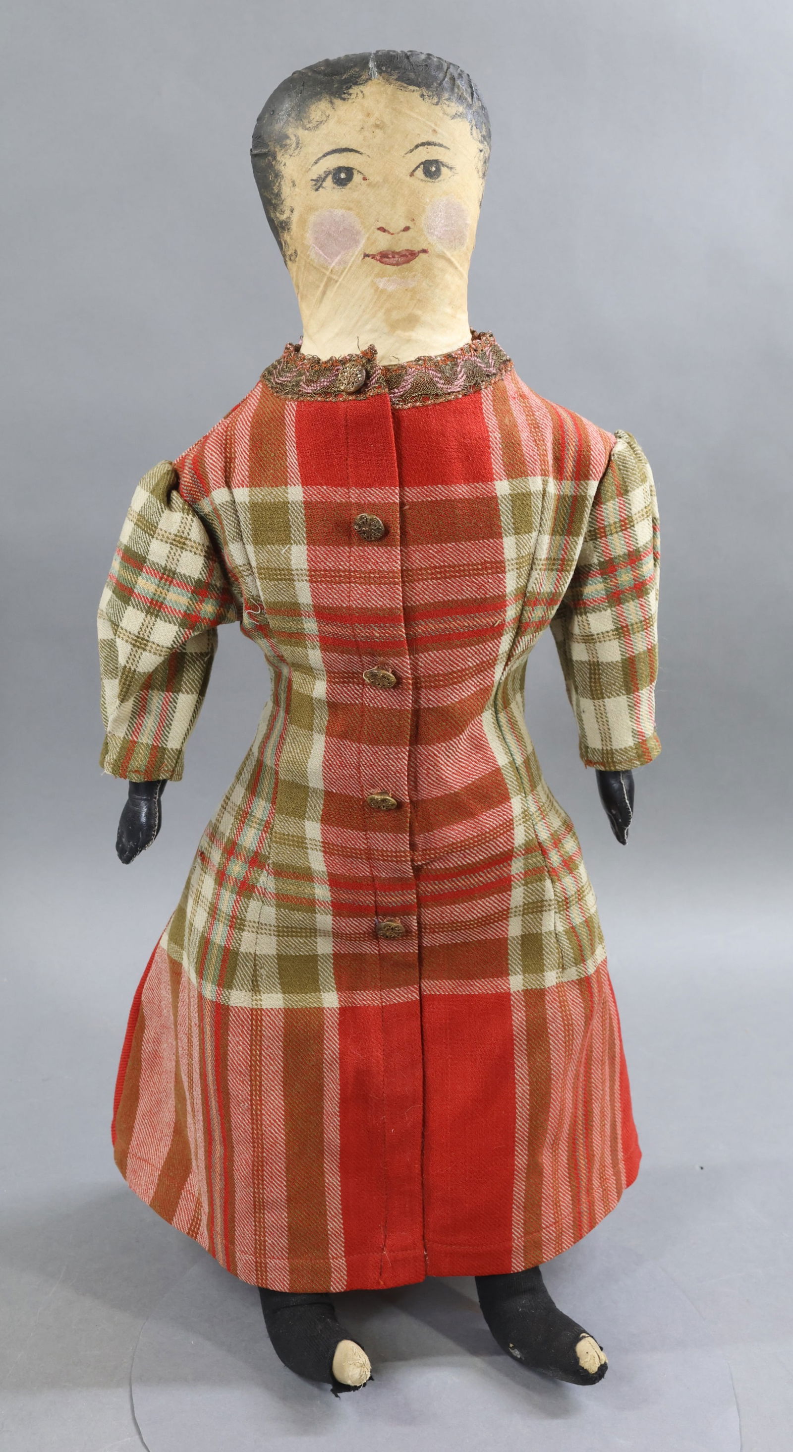 CLOTH DOLLS.: 20 1/2" Vintage OOAK doll as featured in the article "One-of-a-Kind Cloth Dolls". Written by Donna C. Kaonis and published in a past Antique Doll magazine issue. As the article states, this doll was f