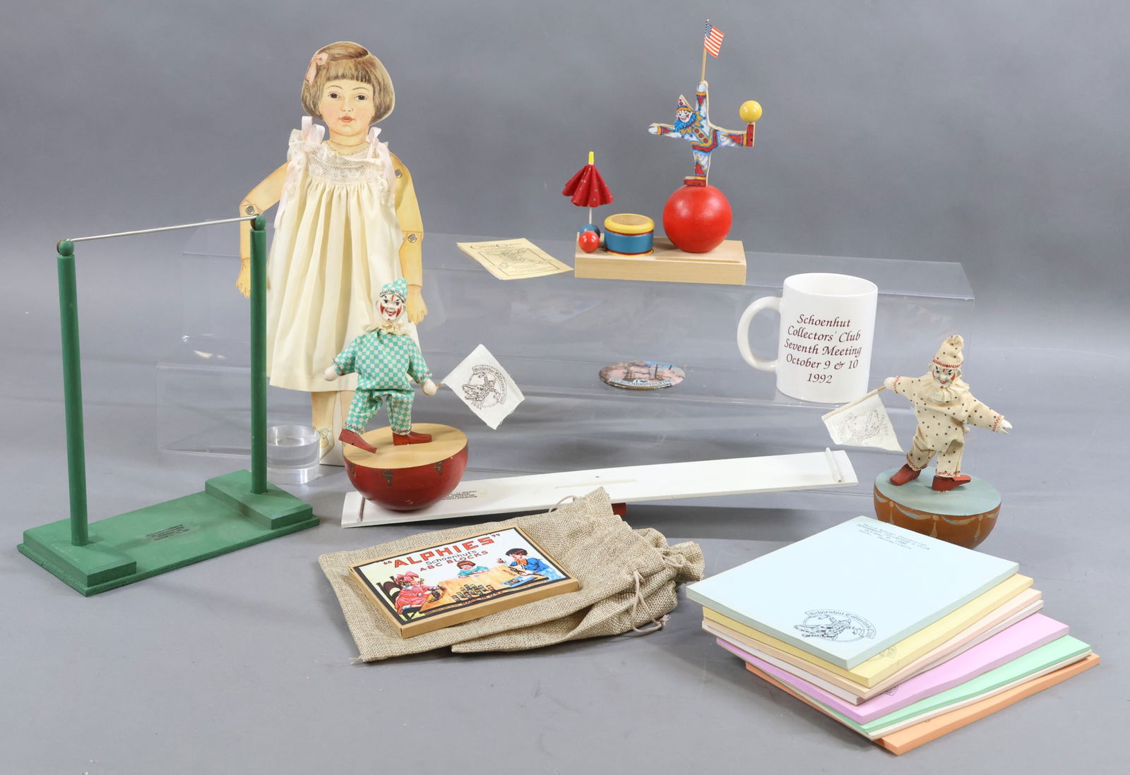 SCHOENHUT.: LOT of Schoenhut convention/luncheon souvenirs. 1990 UFDC Washington, DC Convention Luncheon Paper Doll with cloth petticoat for 14" doll by artist Siger Davey. 1995 UFDC Philadelphia Convention Circu