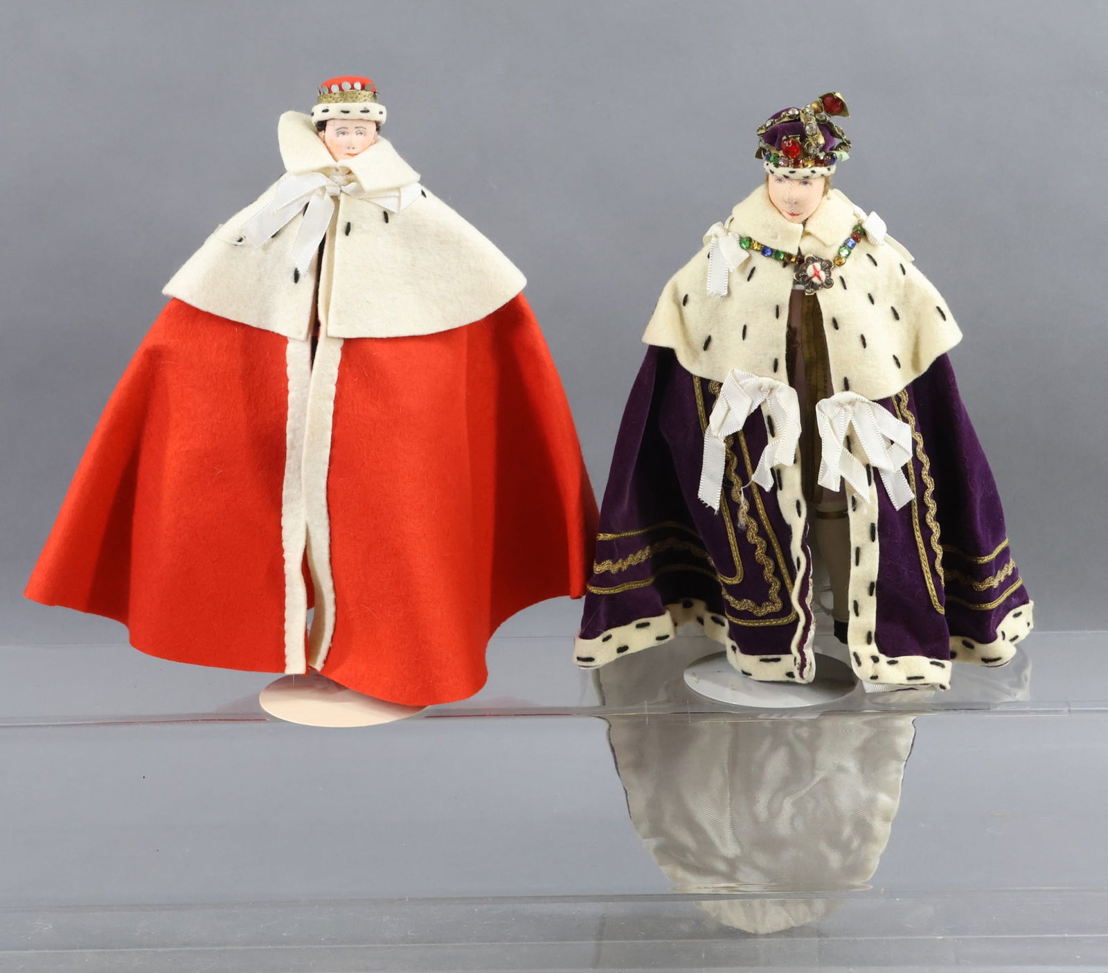 LIBERTY OF LONDON.: Pair of tagged male dolls. "George VI 1937 Coronation". Note: center seam on face. Condition: black ink spots on inside of robe. "Peer". He was the Duke of Norfolk, First Peer of the land. His job was