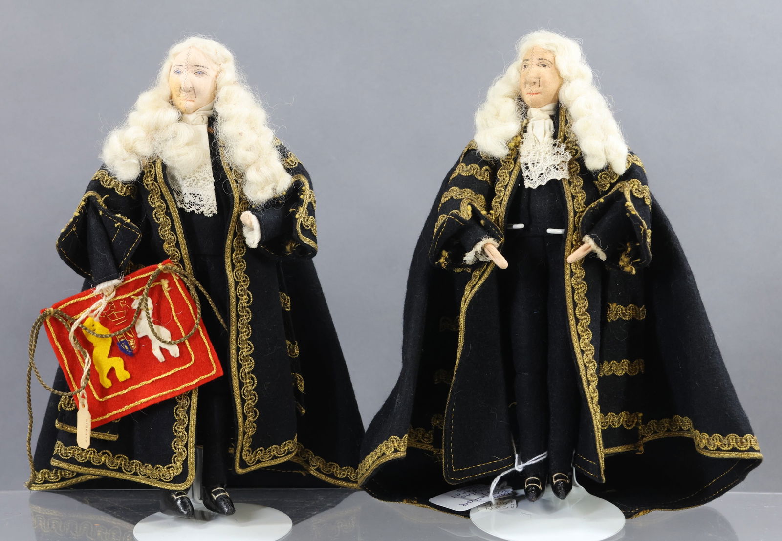 LIBERTY OF LONDON.: Pair of male dolls. Unmarked "Lord Chancellor 1937 Douglas McGarel Hoog", 1st Viscount Hailsham under government of Stanley Baldwin. "Lord Chancellor"with red banner. Center seam. (2) Stands. Conditio
