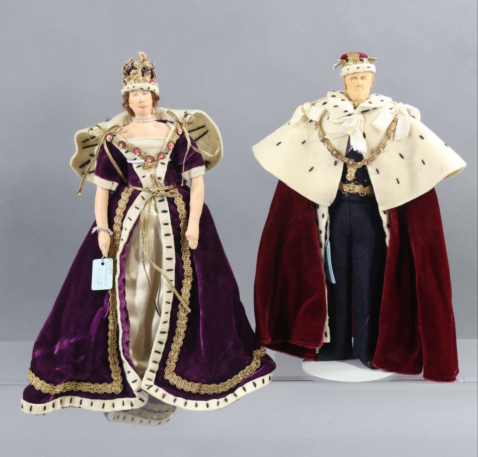 LIBERTY OF LONDON.: Pair of dolls that have both the cloth tags and the blue hang tags. "Queen Elizabeth II". "Prince Phillip", also known as "The Duke of Edinburgh", husband of Queen Elizabeth II. Condition: loss on bac