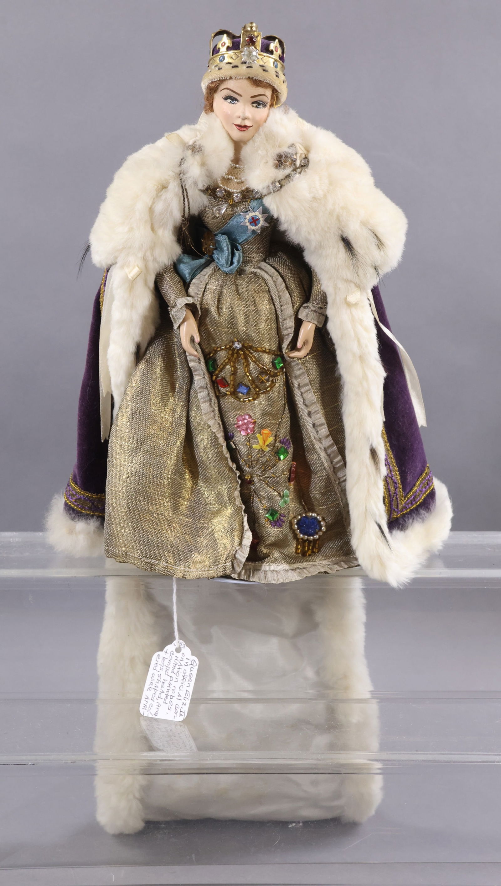 ROYAL DOLLS.: 11 1/2" 1953 "Queen Elizabeth II" doll made by The Chelsea Art Doll Makers. 21 Carlyle Square, Chelsea S.W. 3, London. The artists were Richard & Ilse Ohenberg. Composition head, limbs. Cloth torso. P