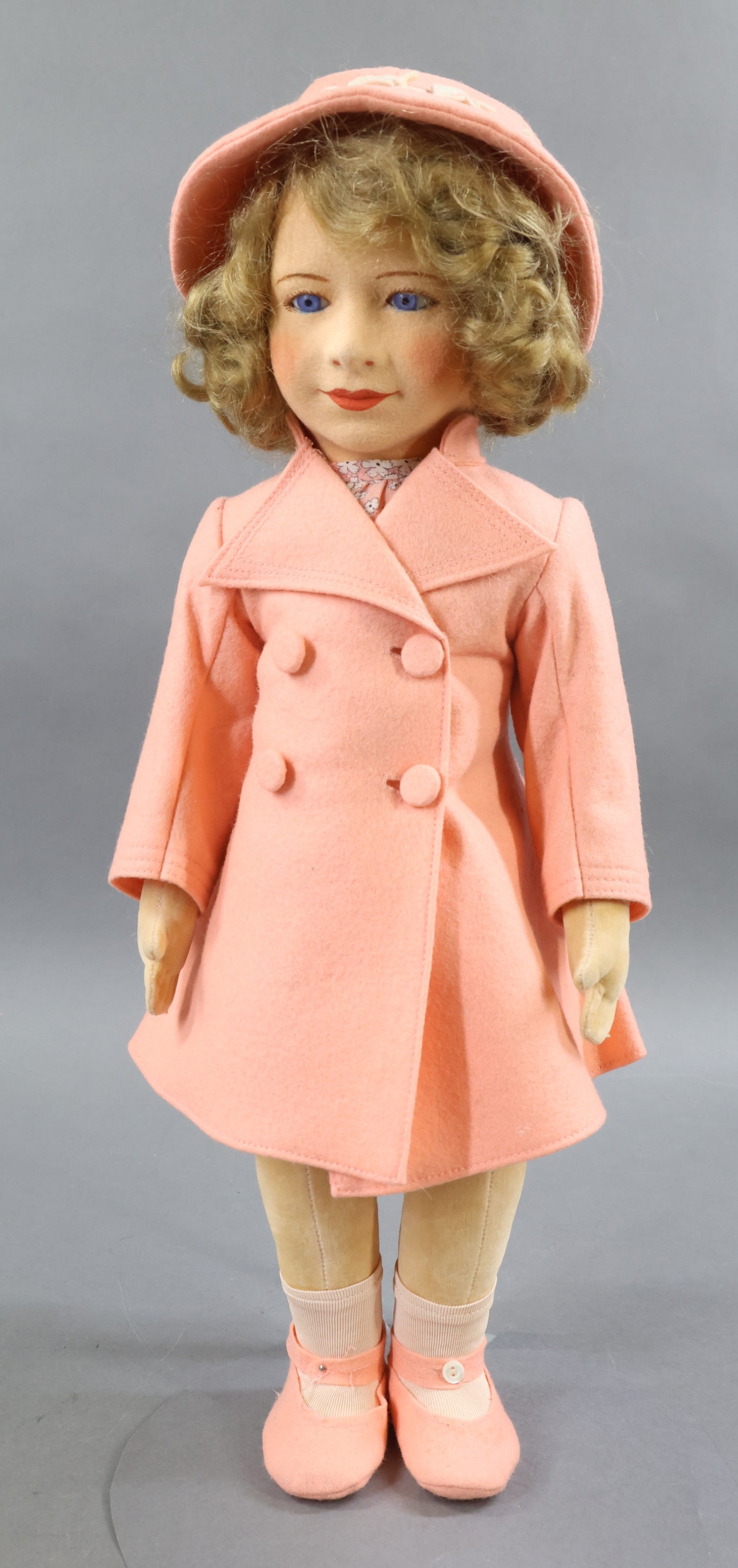 ROYAL DOLLS.: 17" "Princess Margaret Rose", ca. 1938. Made by CHAD VALLEY. All original doll. Molded felt head with stationary blue glass eyes, dark honey blonde curly mohair wig. Velveteen body with swivel neck, j