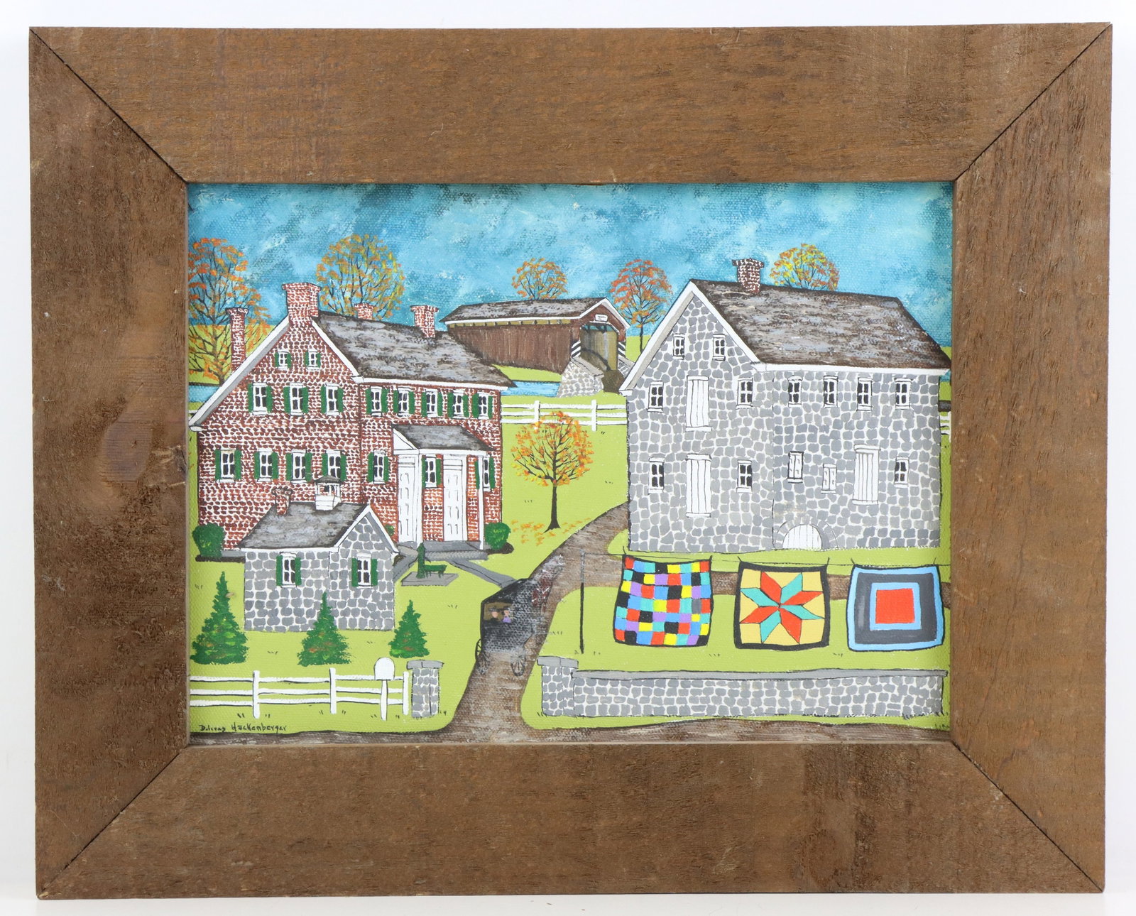 Folk Art Painting, Dolores Hackenberger, 1930-2024: Folk art scene, oil on canvas, framed, titled Paradise Homestead, by Lancaster artist Dolores Hackenberger (1930-2024), signed on painting and on reverse side of frame, dated 2005. 15.75”w x