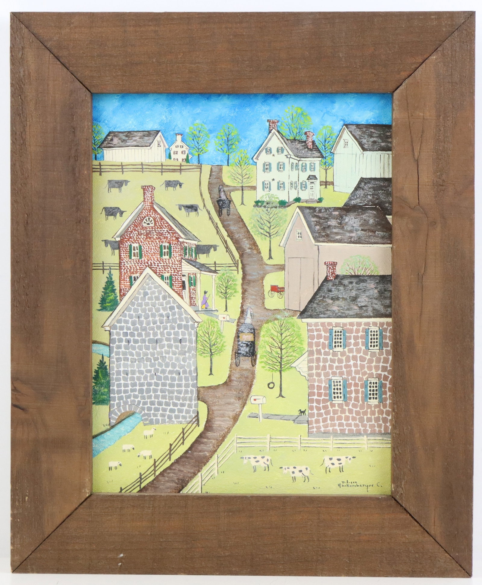 Folk Art Painting, Dolores Hackenberger, 1930-2024: Folk art scene, oil on canvas, framed, titled Dutch Country, by Lancaster artist Dolores Hackenberger (1930-2024), signed on painting and on reverse side of frame. 15.75”h x 13”w frame