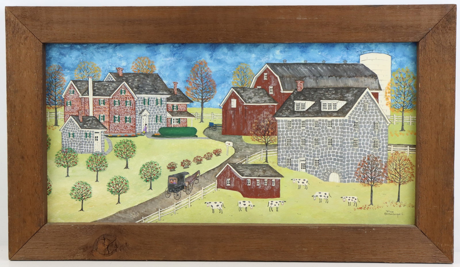 Folk Art Painting, Dolores Hackenberger, 1930-2024: Folk art scene, oil on canvas, framed, titled Church Town Homestead & Mill, by Lancaster artist Dolores Hackenberger (1930-2024), signed on painting and on reverse side of frame. 15.75”h x