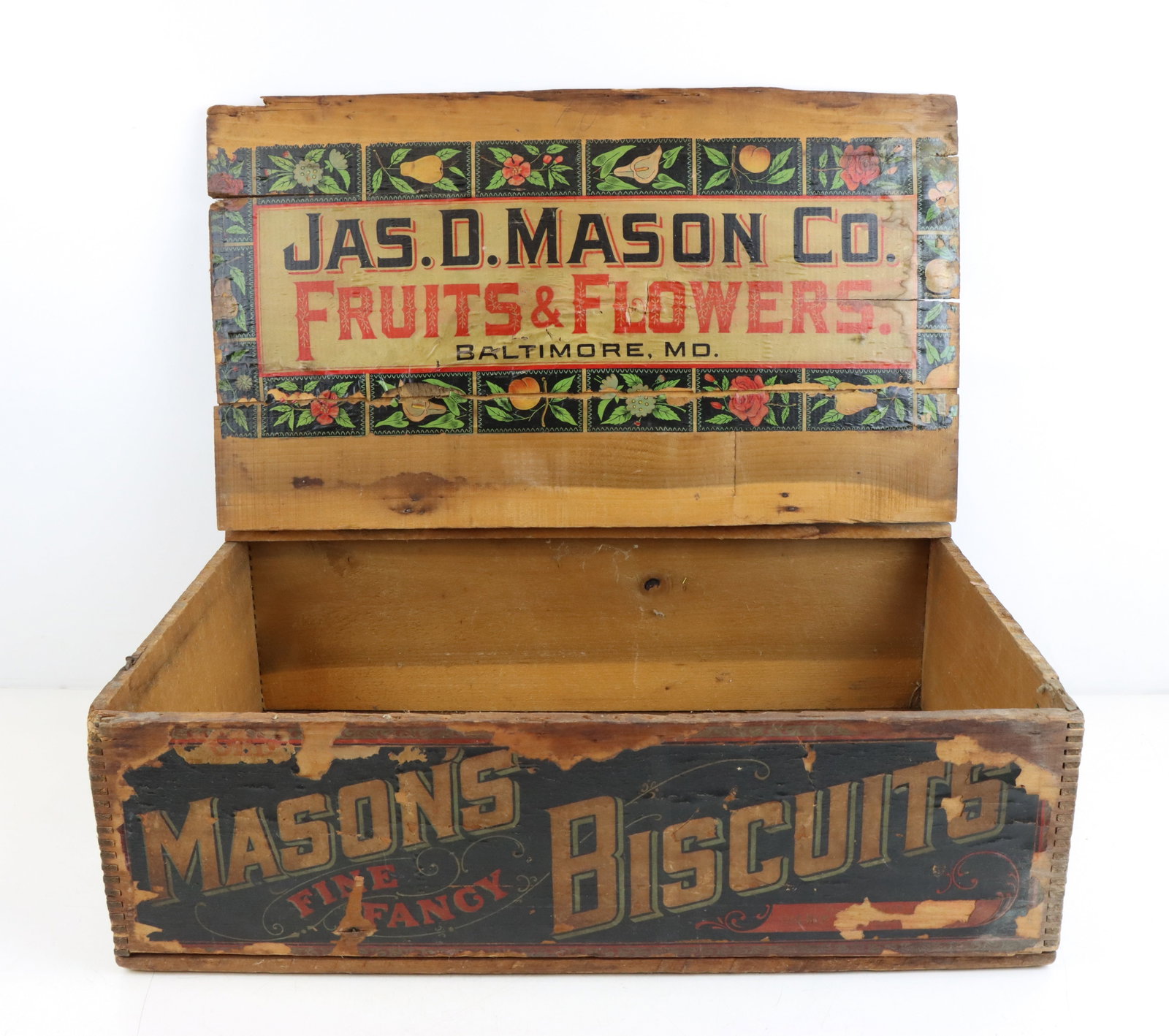 Jas. D. Mason Company Crate: Antique Jas. D. Mason Company, Baltimore, MD, Mason's Fine Fancy Biscuits crate, wood, paper labels on lid interior and front, stenciled text "Crackers" and "Allentown, PA", some wear to labels from a
