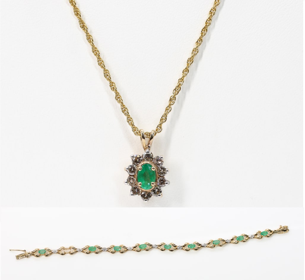 14k YG Emerald Diamond Suite: 14k yellow gold bracelet set with oval emeralds measuring approx. 5.1mm each, with diamond accents, 7" and 4.8dwt, together with a 14k yellow gold pendant set with an oval emerald measuring approx. 5.