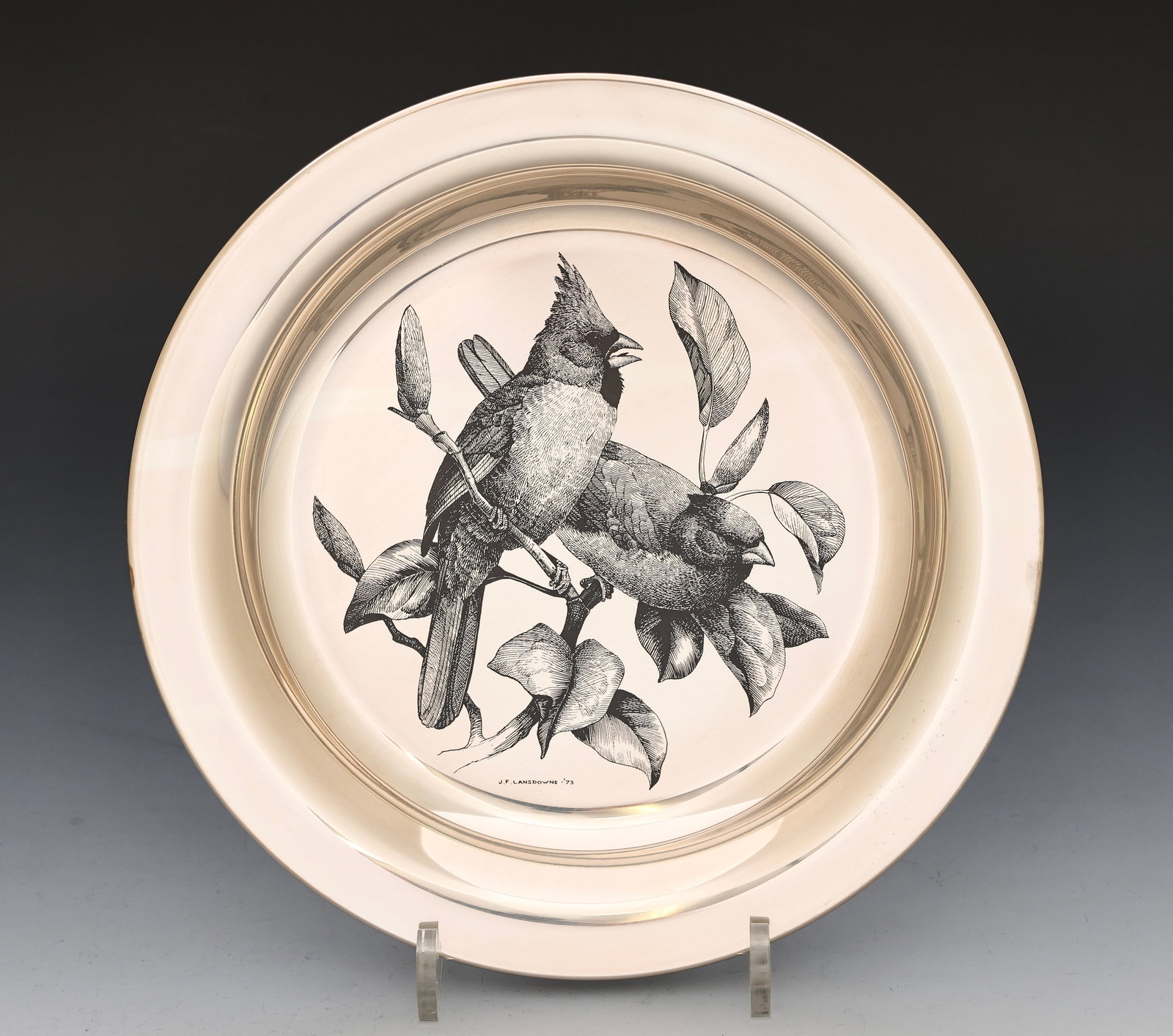 Franklin Mint Sterling Silver "The Cardinal" Plate: Sterling silver "The Cardinal" plate from The National Audubon Society, 1973. 8”w, and 5.54 ozt