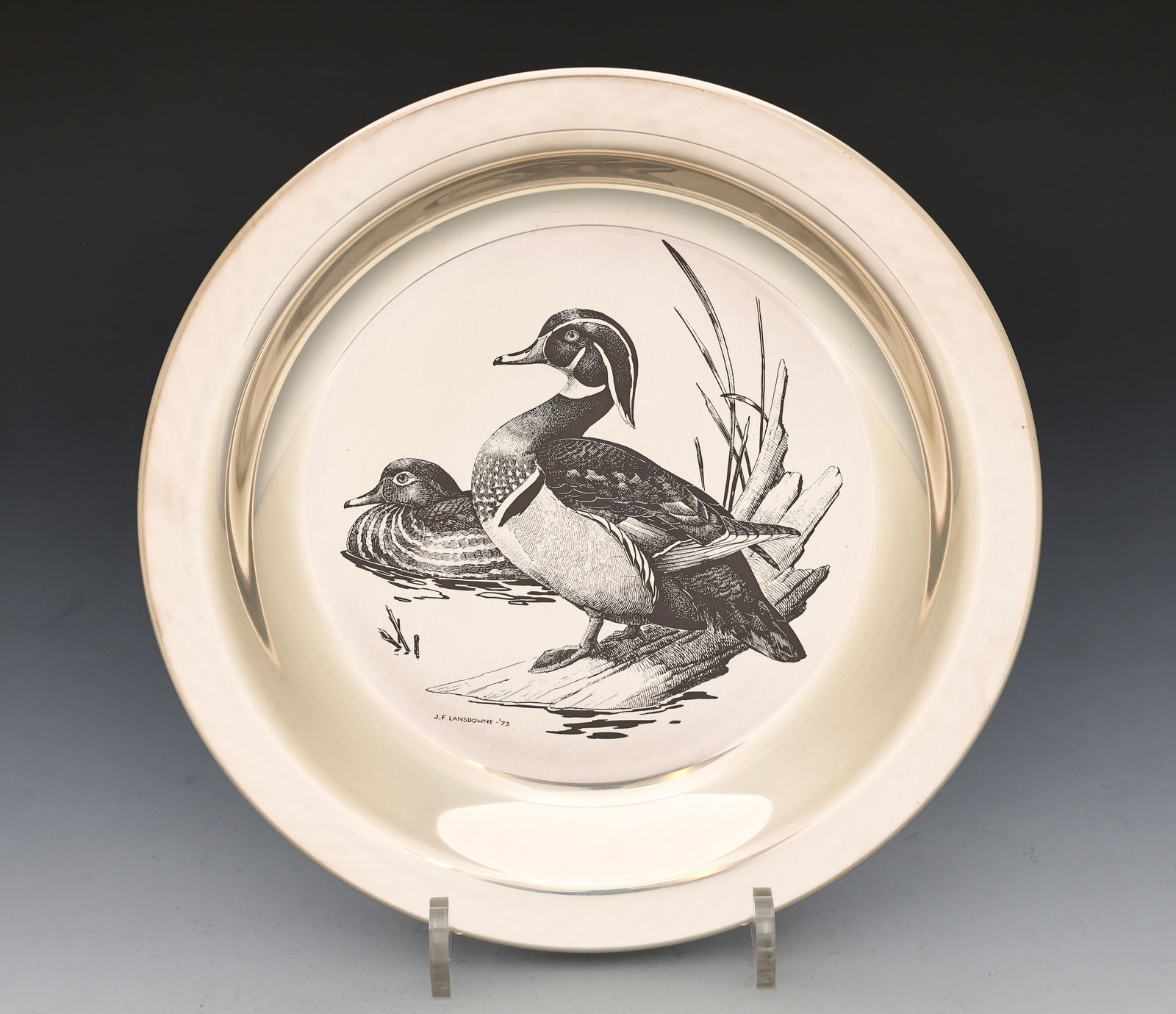 Franklin Mint Sterling Silver "The Wood Duck" Plate: Sterling silver "The Wood Duck" plate from The National Audubon Society, 1973. 8”, and 5.63 ozt