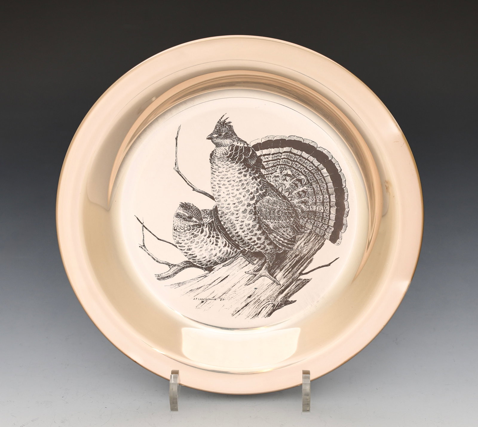 Franklin Mint Sterling Silver "The Ruffed Grouse" Plate: Sterling silver "The Ruffed Grouse" plate from The National Audubon Society, 1973. 8”, and 5.75 ozt