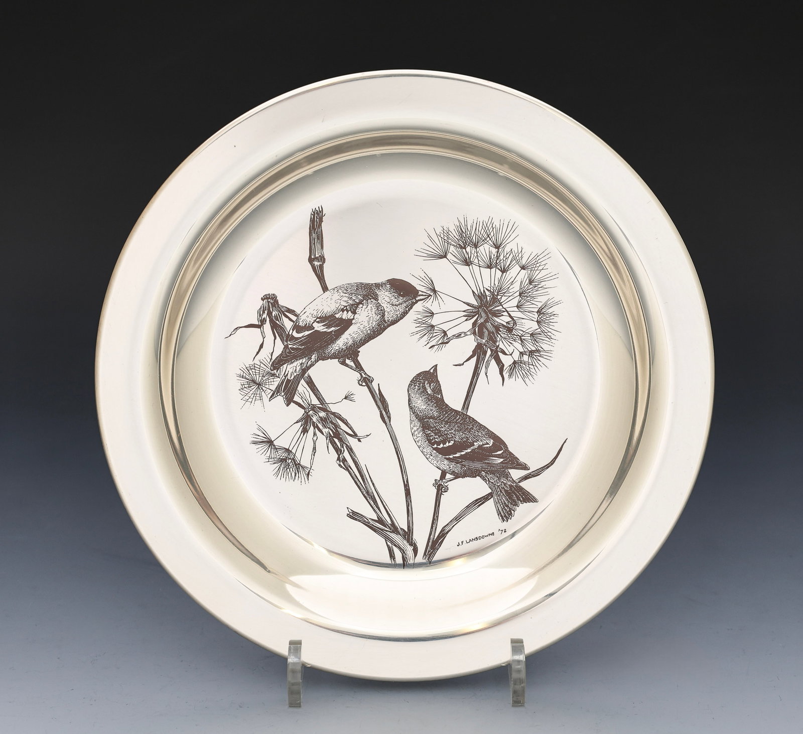Franklin Mint "The Goldfinch" Sterling Silver Plate: Sterling silver "The Goldfinch" plate from The National Audubon Society, 1972. 8”w, and 6.67 ozt