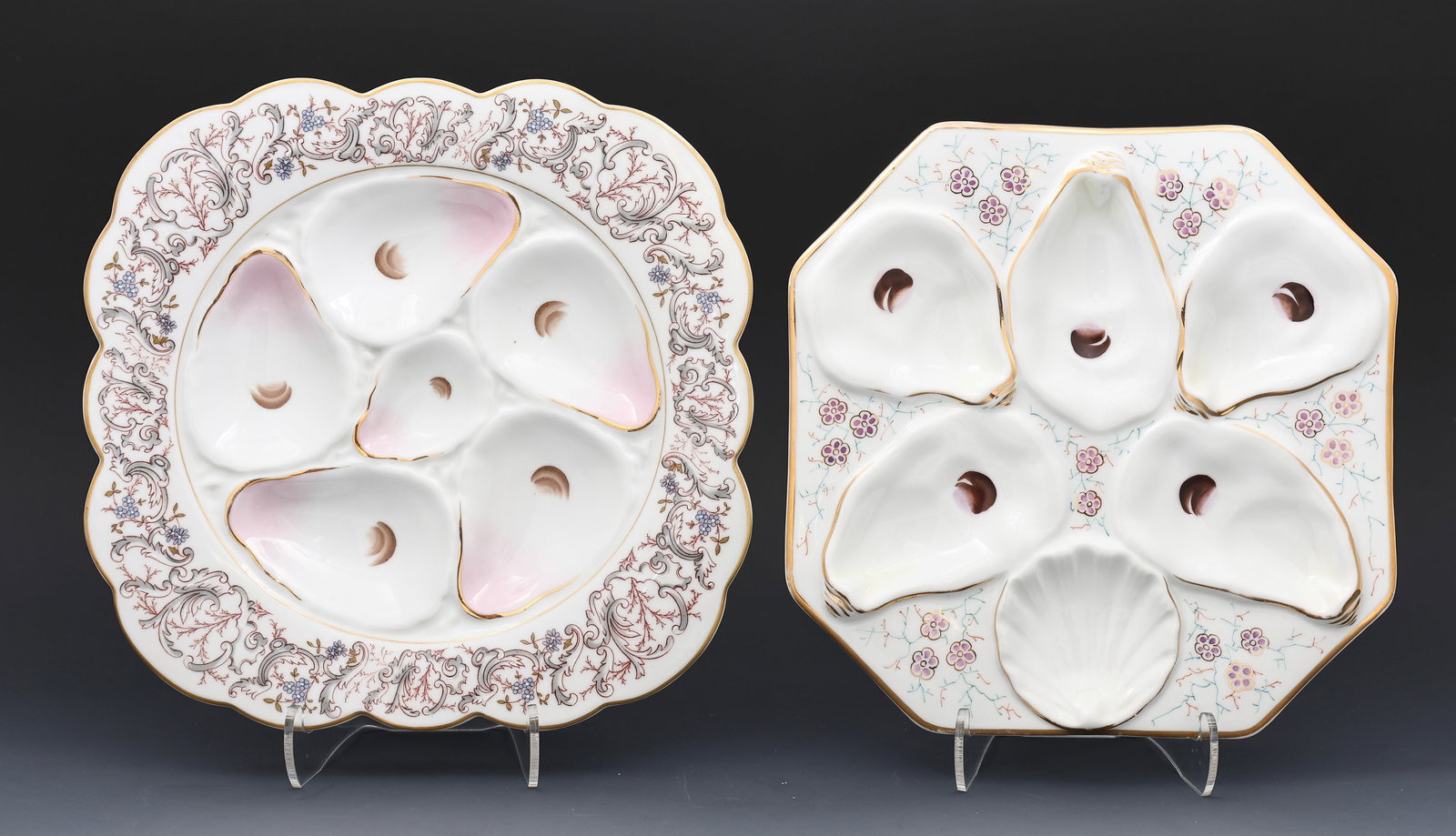 Marx & Gutherz Oyster Plates: Carlsbad, Marx and Gutherz 5-well porcelain oyster plates (2), both hand painted. 8.75”w, and 10”w