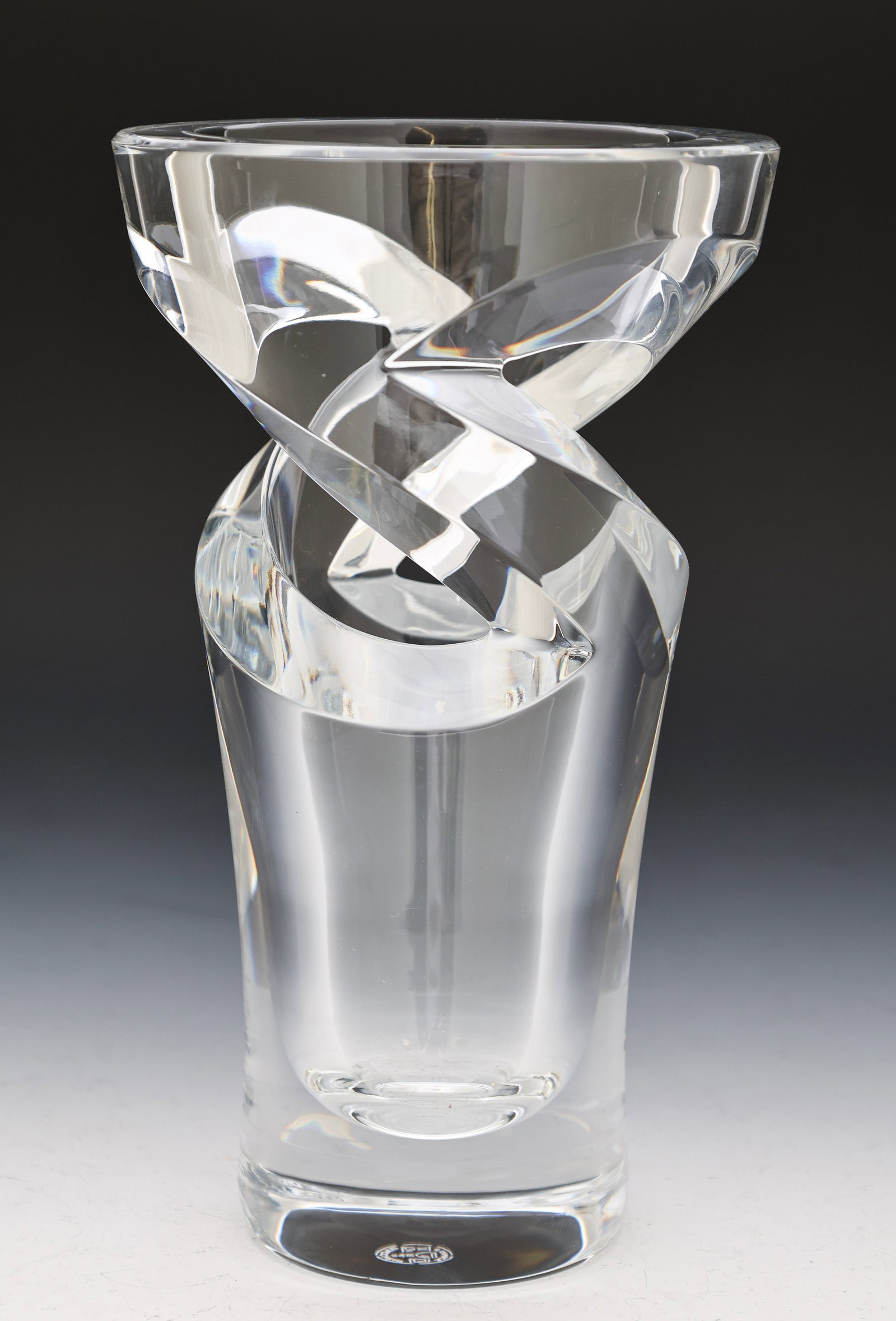 Baccarat “Tornado?? Crystal Vase: French crystal vase with spiral cuts. Acid etched mark to the foot. 9”h x 5”w