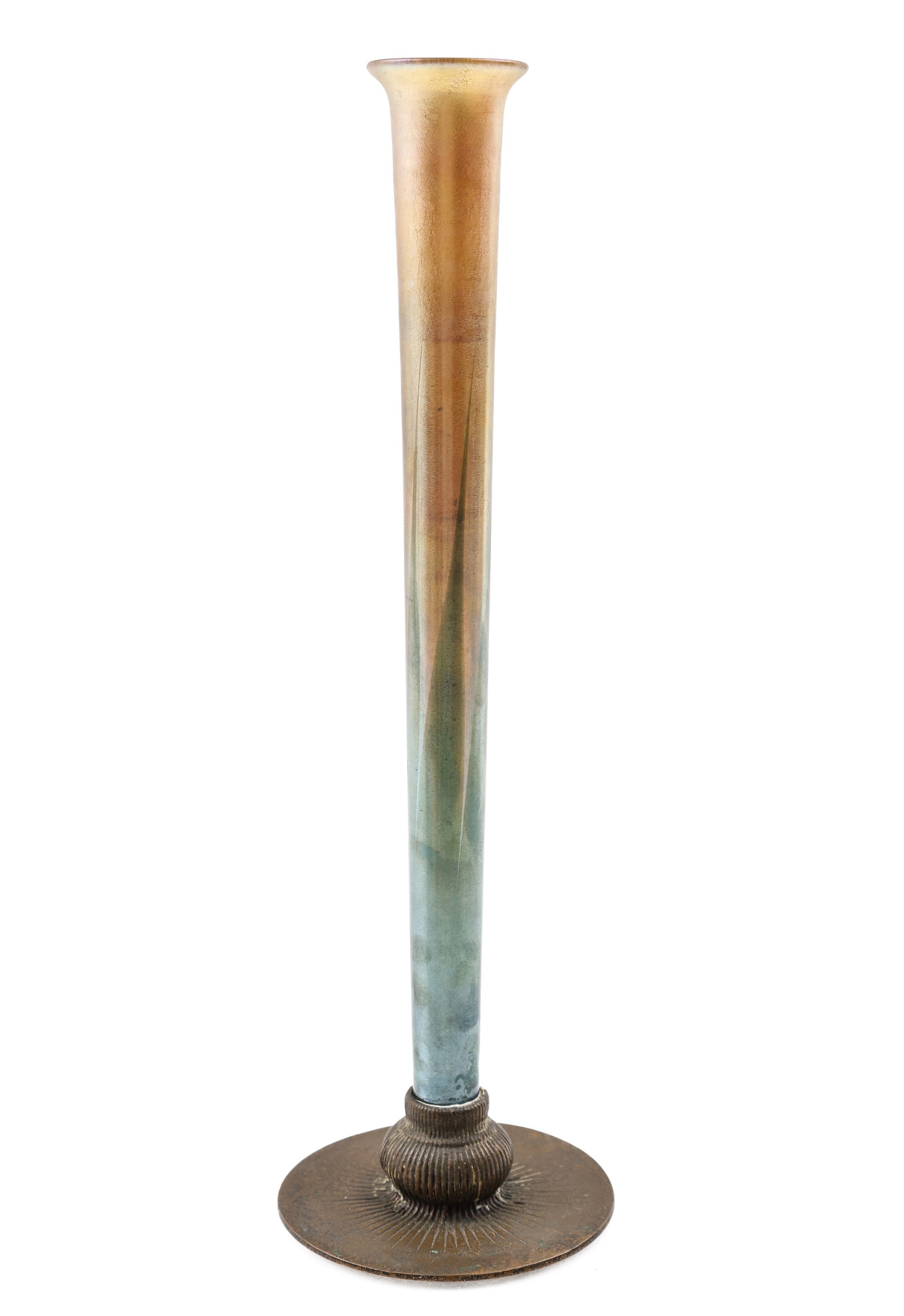 Tiffany Favrile Glass and Bronze Bud Vase: American Arts and Crafts bud vase, gold-blue favrile glass with a textured and fluted bronze base. The base marked Tiffany Studios 710. The glass piece has been glued to the base. 12”h