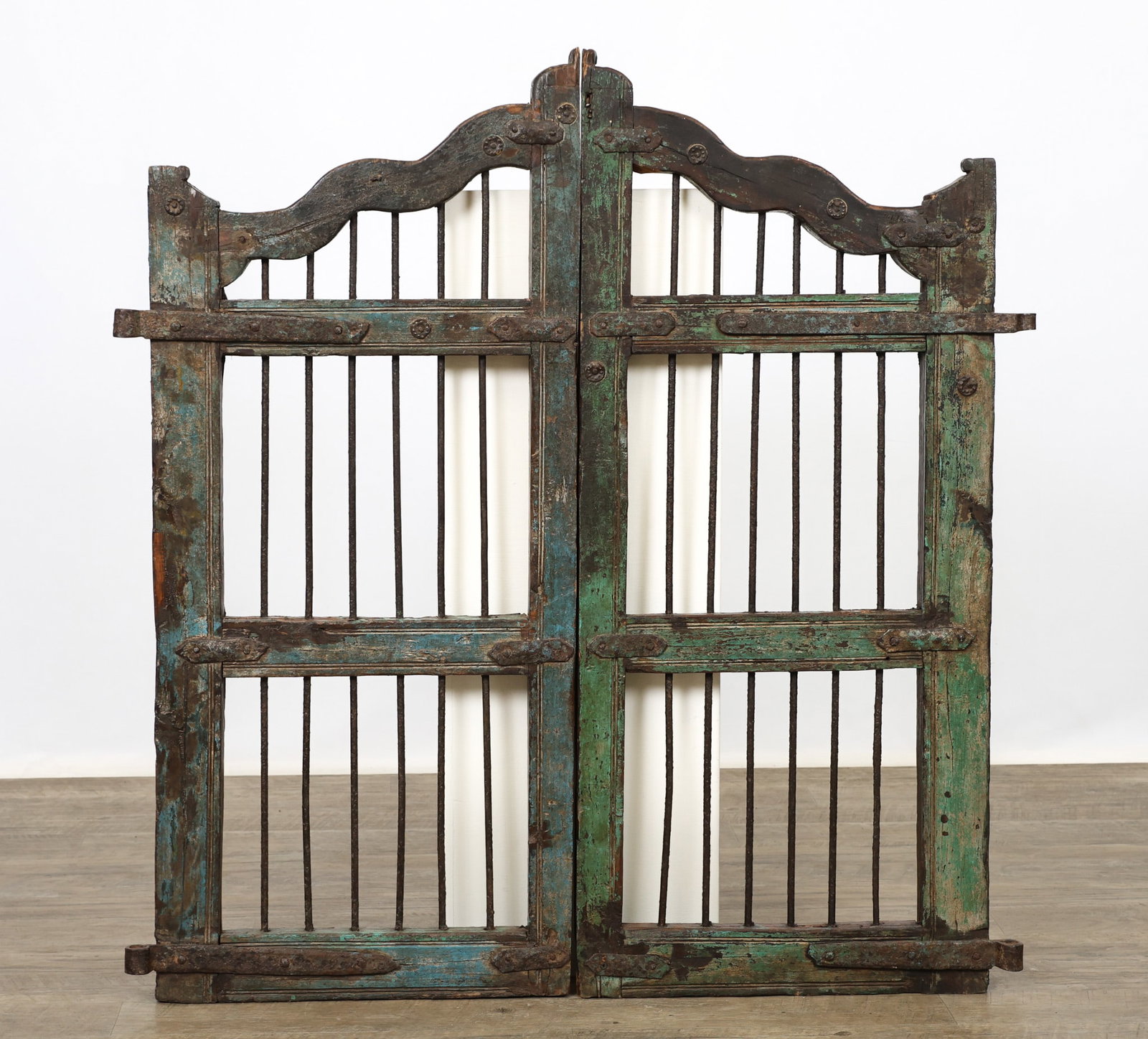 Blue and Green Painted Elm Gate Doors: Painted scrolled top elm doors with iron bound hardware and spindles 41"h x 20"w x 1.5"d