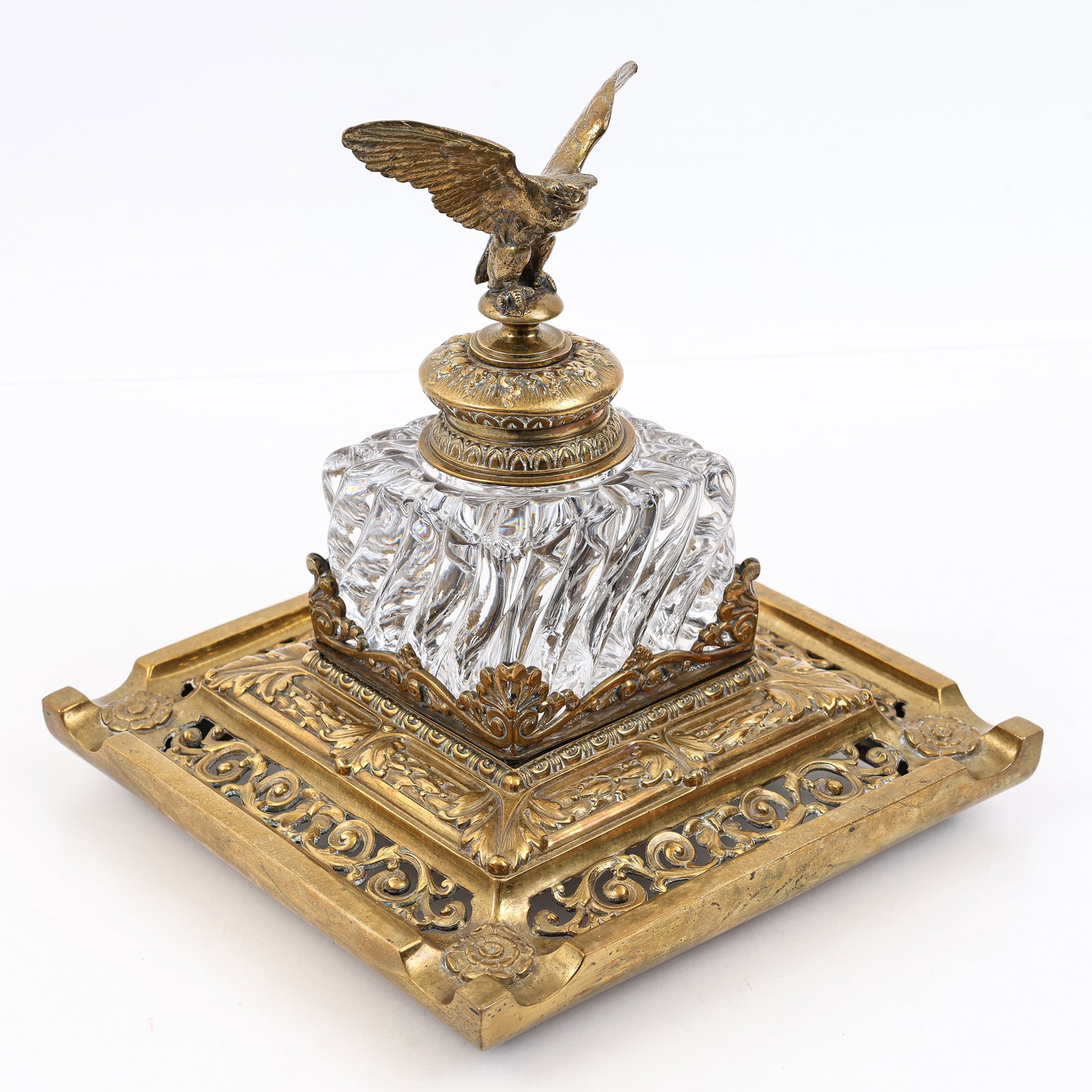 Nineteenth Century British Military Presentation Inkwell: Large presentation British military ink well from the 19th century. Undertray measures 10" x 10" x 3.75" and is constructed of bronze alloy. Near one of the pen troughs on one side of undertray is eng