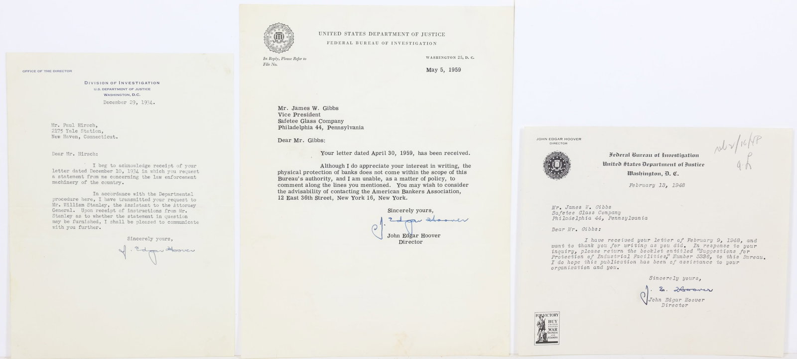 Autographs of FBI Director J. Edgar Hoover: Collection of 3-Autographed TLS's on Department of Justice/Federal Bureau of Investigation Director letterhead. Letters dated December 29, 1934 (to Paul Hirsch of New Haven, Connecticut), February 13,