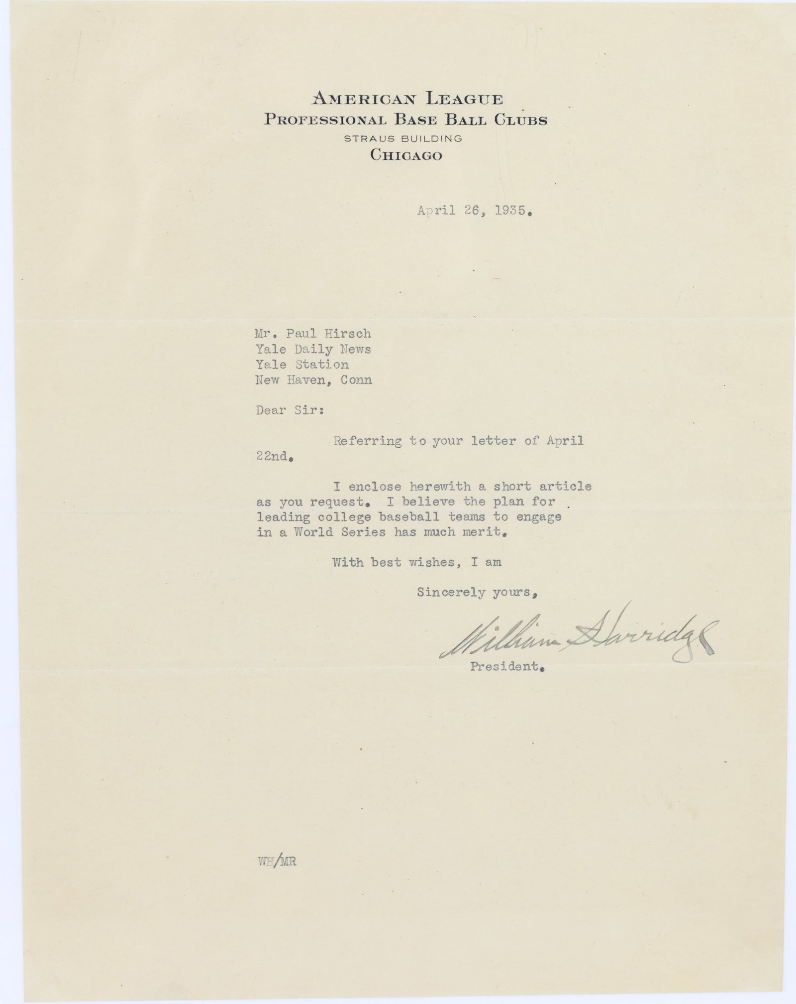 Autograph of Baseball Executive William Harridge (1 of 4)