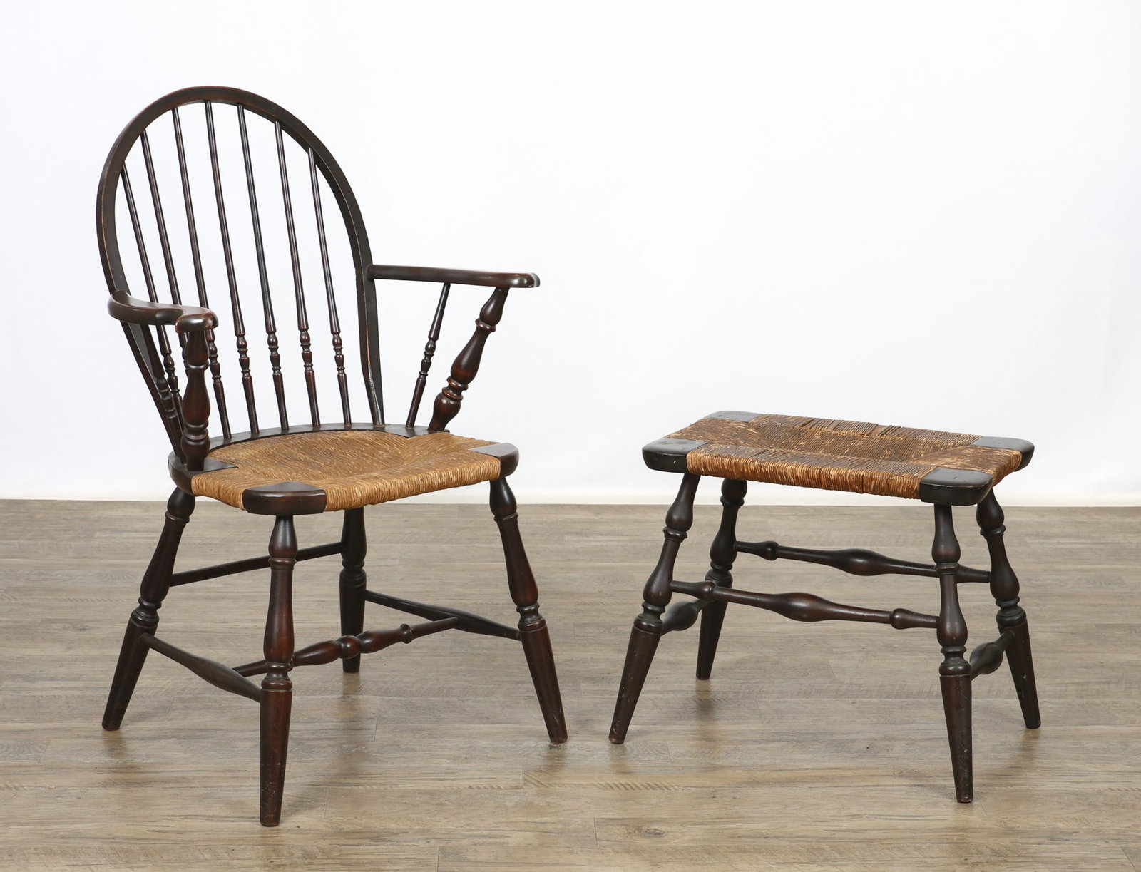 Ebonized Cherry Bow Back Armchair and Stool (1 of 15)