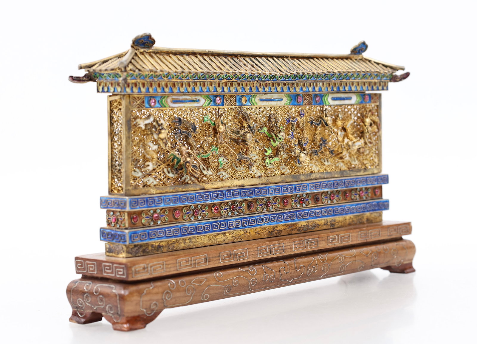 Chinese Enameled Gilt Silver Nine-Dragon Wall: Republic era gilt silver table sculpture in the form of a nine-dragon wall, with filigree, cloisonne, and chased decoration accented with polychrome enameling and inset cabochons, depicting intertwine