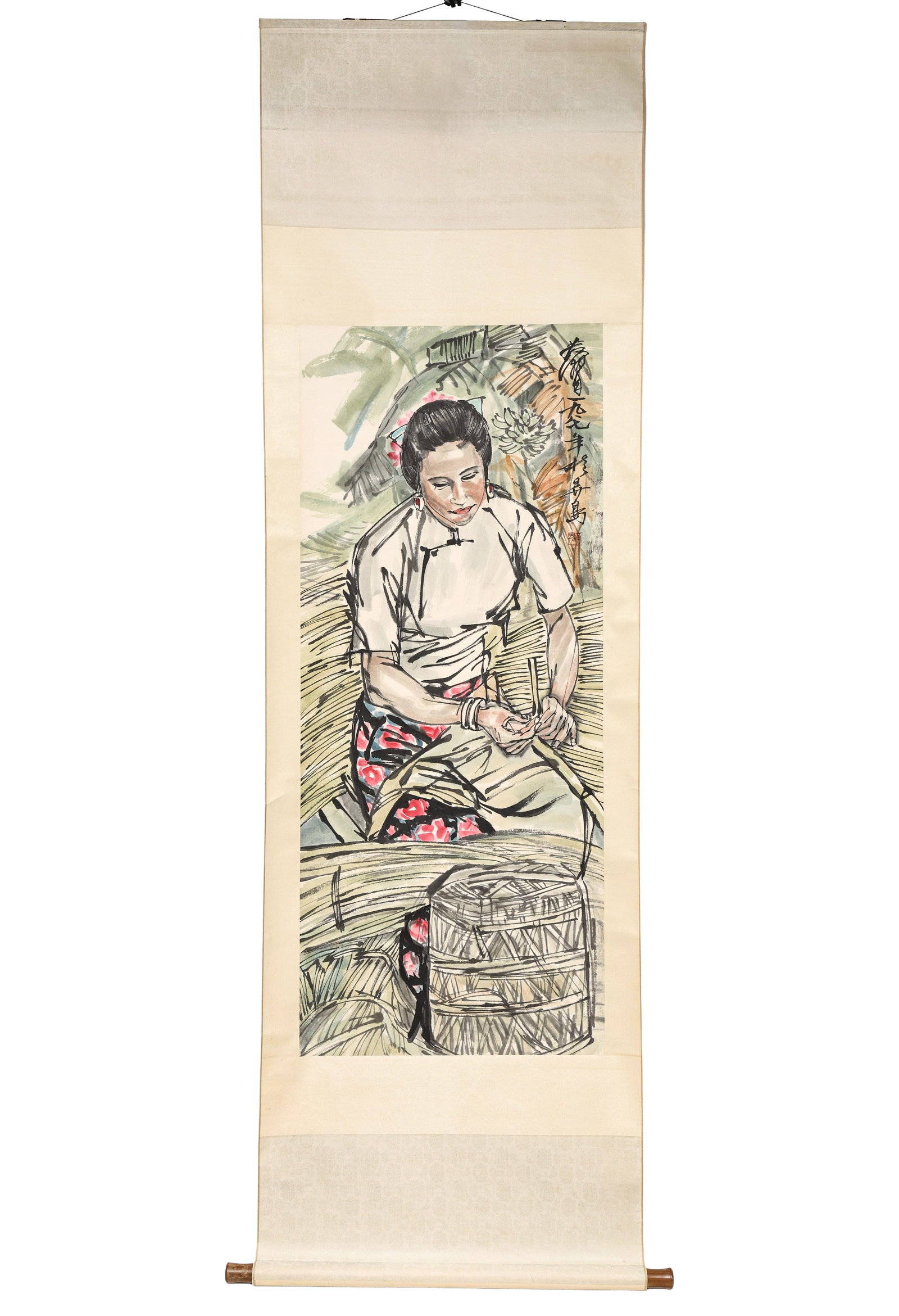 After Huang Zhou (1925 - 1997): Chinese mixed media on paper, a print with watercolor and ink embellishments, depicting a woman weaving baskets, mounted to a silk scroll, after Huang Zhou. 53"h x 22"w, overall 91"h x 28"w