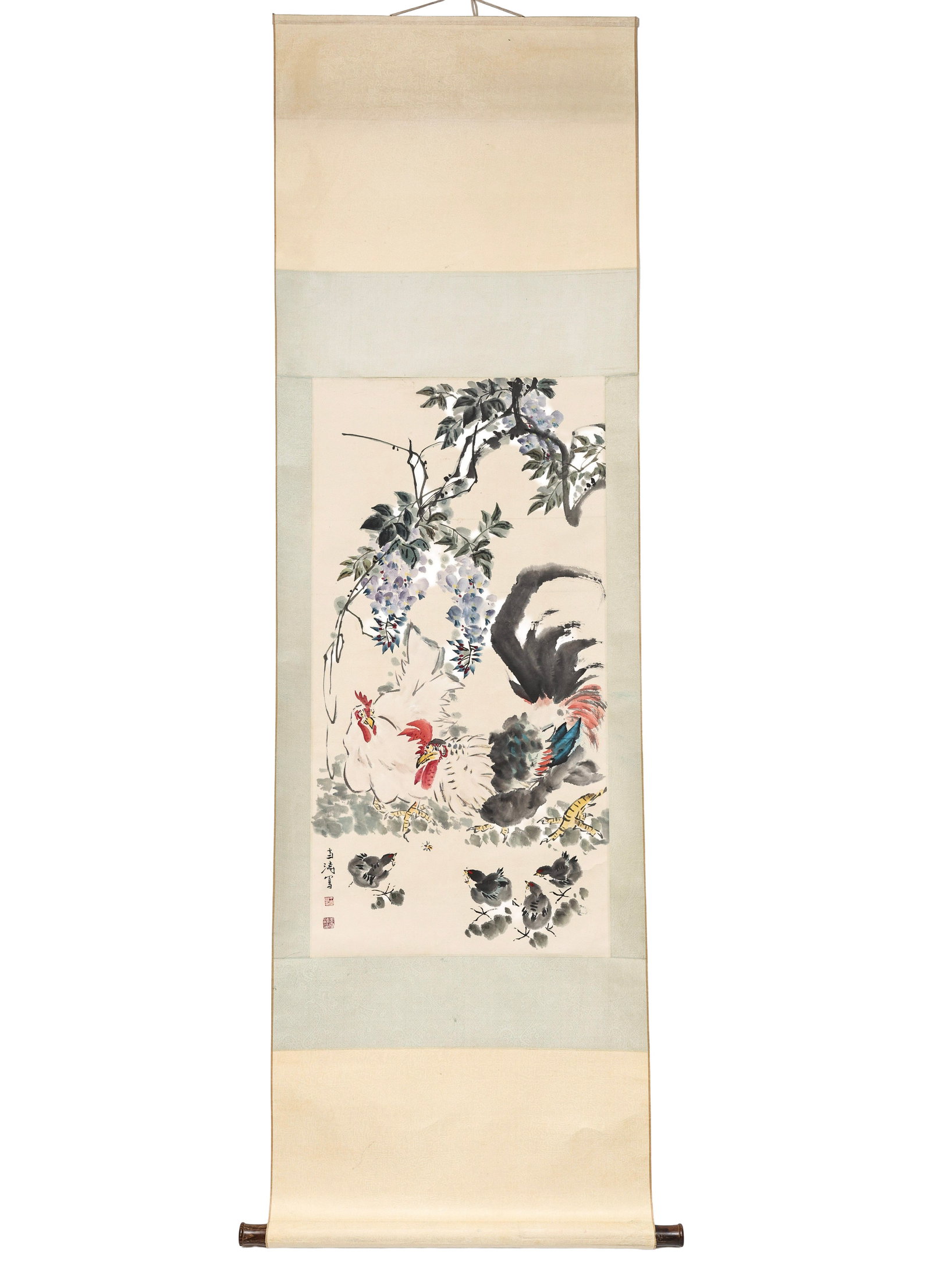 After Wang Xuetao (1903 - 1982): Chinese watercolor and ink on paper, depicting a family of chickens resting under wisteria, SLL Wang Xuetao with seals, mounted to a silk scroll. 38.5"h x 19.75"w, overall 81.5"h x 24.75"w