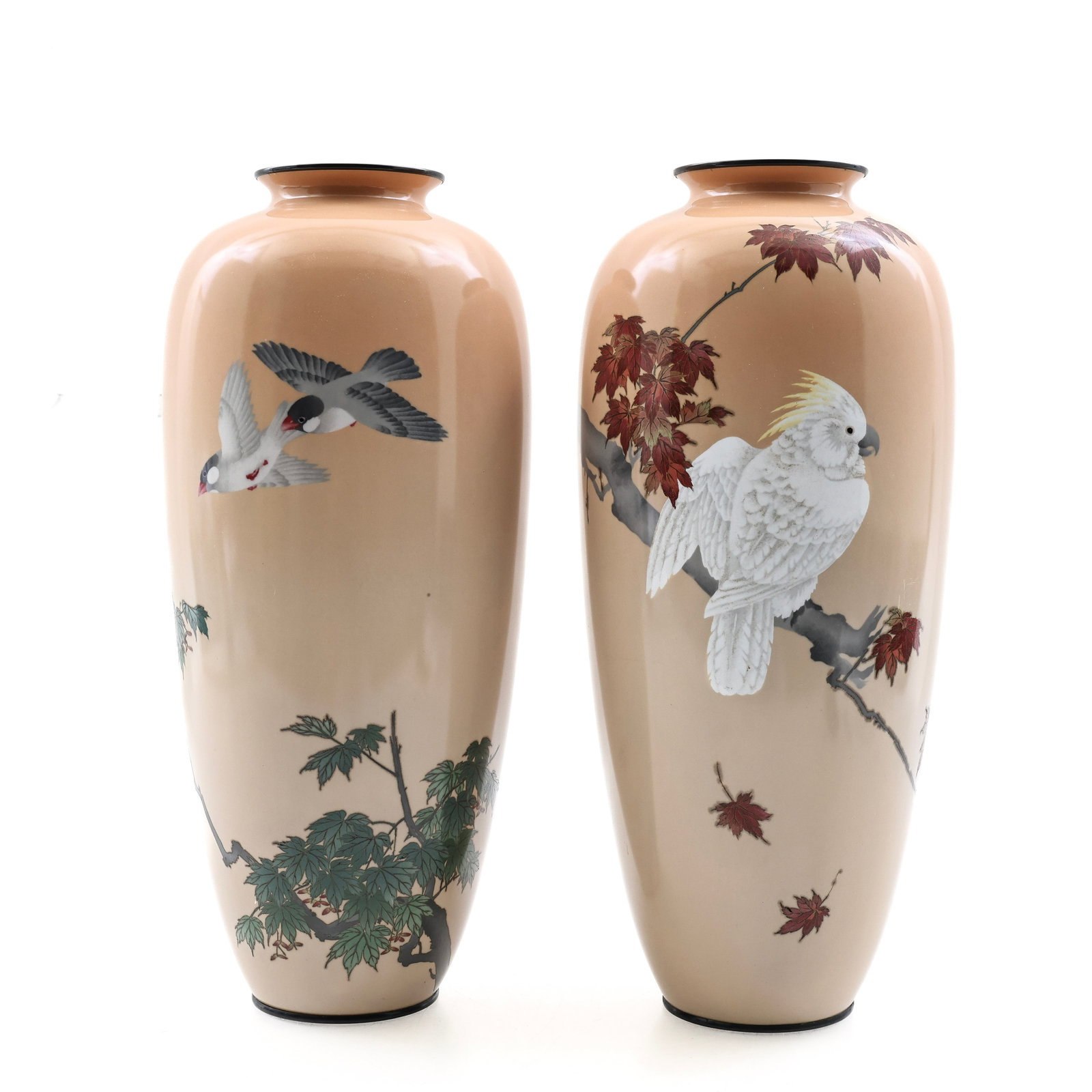 Ando Japanese Cloisonne Vases: Meiji - Showa era complementing pair of silver wire and wireless cloisonne vases with silver plated mounts, one decorated with java sparrows in flight over a maple tree in summer, the other depicting