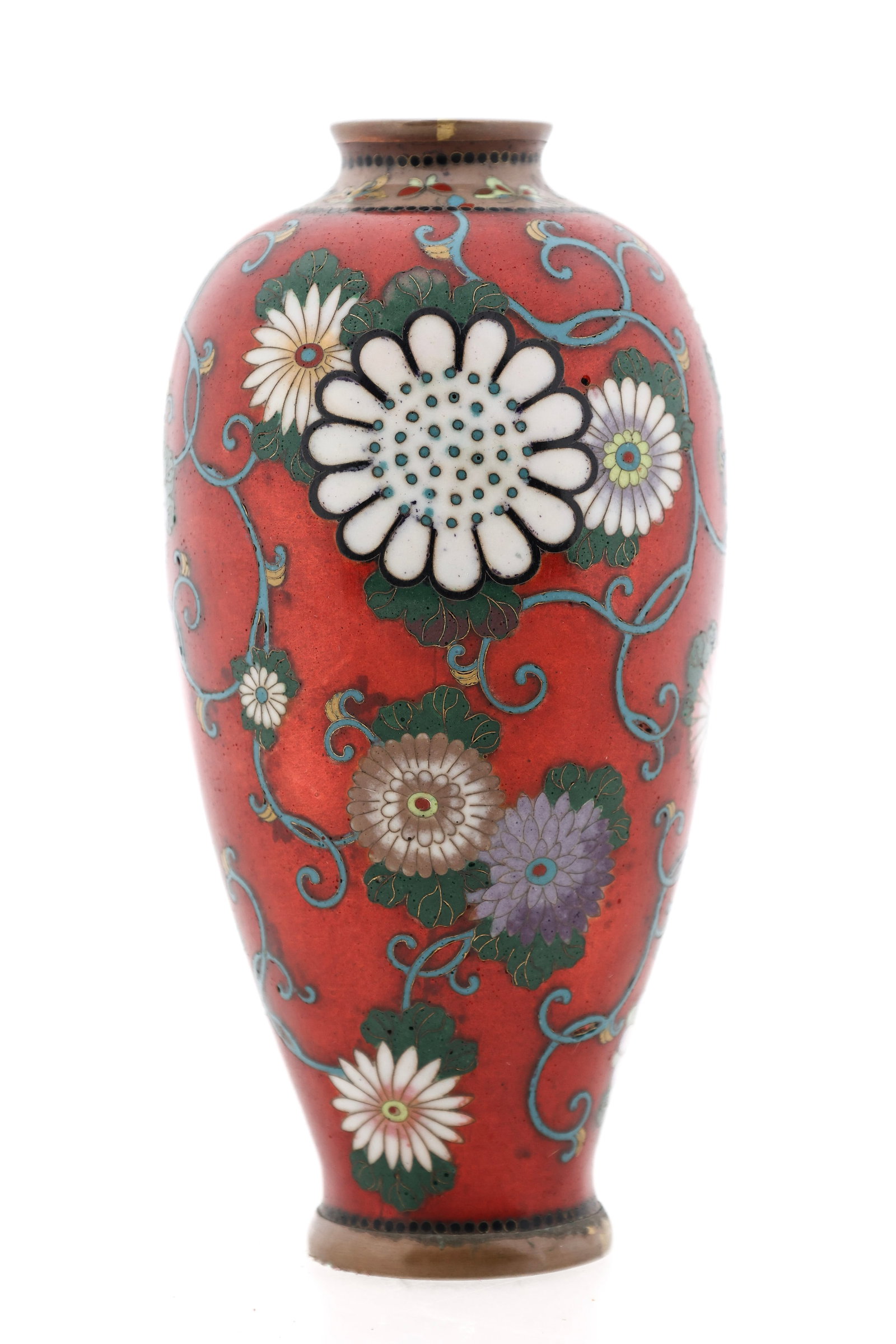 Japanese Ginbari Cloisonne Vase: Meiji - Taisho era gilt silver wire cloisonne vase decorated with scrolling flowers on a red ginbari ground, with borders of butterflies and fish roe. 4.75"h x 2.25"w