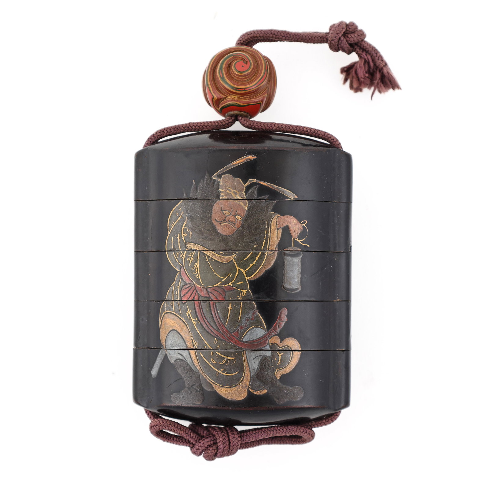Zeshin Japanese Lacquer Inro: Edo - Meiji era four-case inro, with silver, gold, bronze, black, and red taka maki-e decoration on a roiro-nuri glossy black ground, one side depicting a Satori mocking a Samurai holding a lantern sh