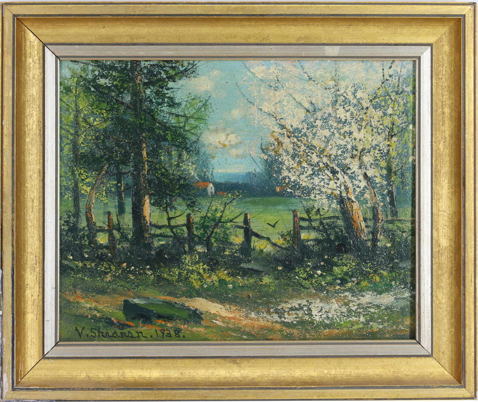 Victor Shearer (1872-1951): Oil on canvas, SDLL 1938. Impressionist landscape with blossoming trees and a fenced pasture in spring. 8.5"h x 10"w and 10.75"h x 12.75"w framed