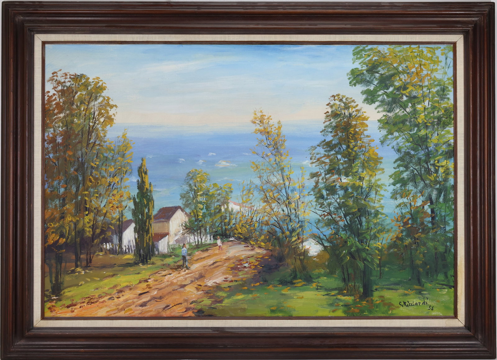 Cesare A. Ricciardi (1892 - 1973): Oil on canvas, SDLR '56. Impressionist coastal landscape with figures walking along a dirt road overlooking the sea. 24"h x 36"w and 31"h x 43"w framed