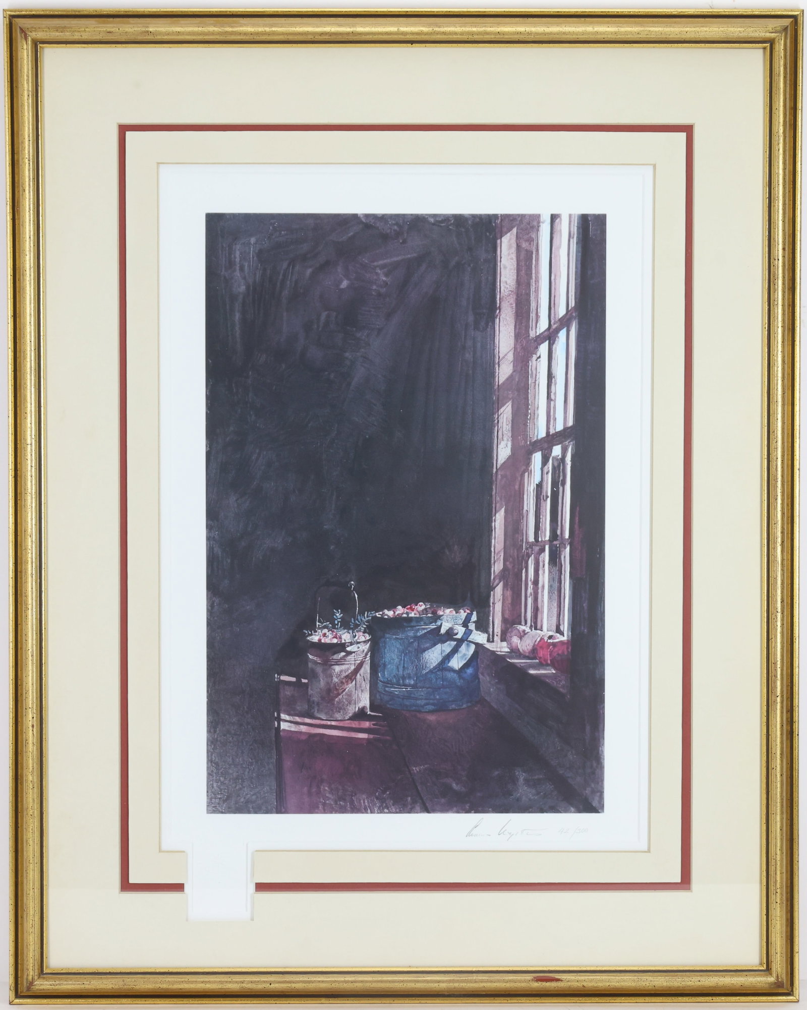 Andrew Newell Wyeth (1917 - 2009): Collotype, "Cranberries", pencil signed and numbered lower right 42/300. Interior still life with buckets and fruit arranged beside a window. 30"h x 24"w framed
