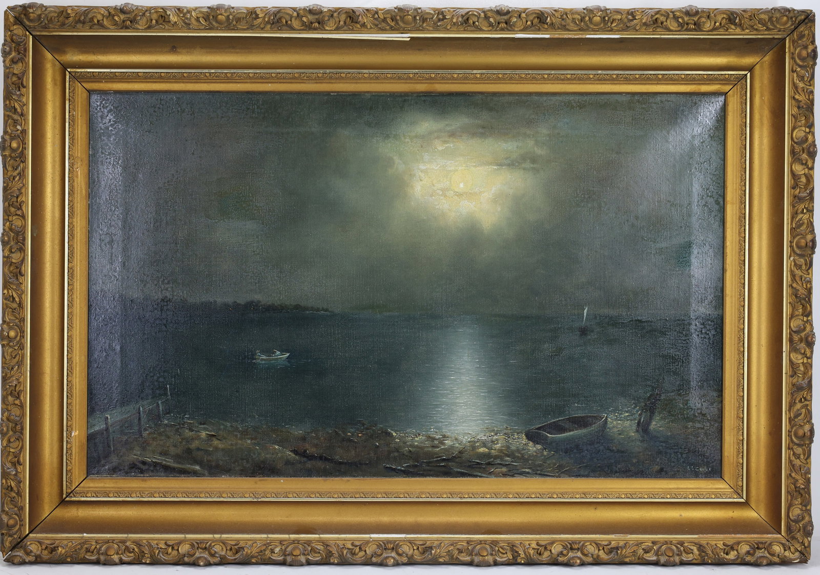Lawrence L Cohen (1836 - 1918): Oil on canvas, SDLR. Nocturne seascape with moonlight reflecting over calm water and distant boats.17.75"h x 29.5"w and 25"h x 37"w framed