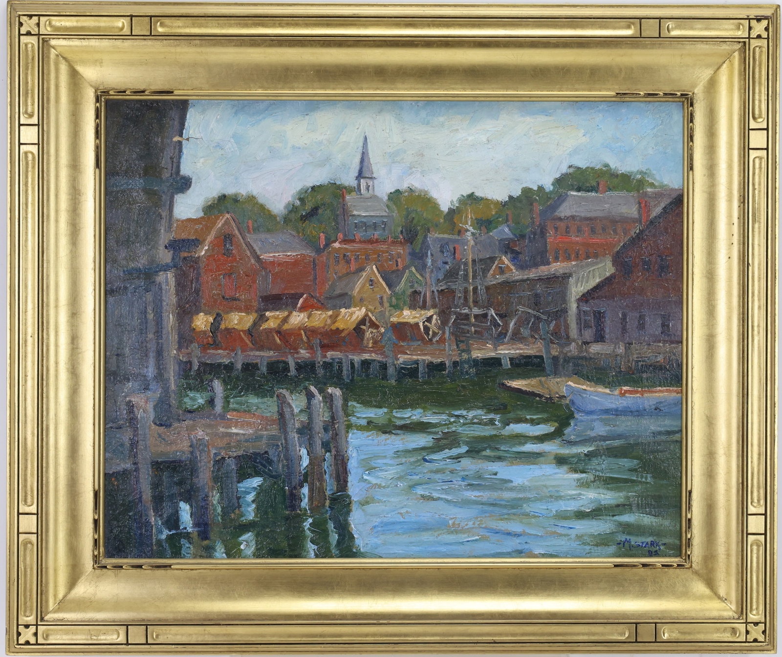 Melville F Stark (1903-1987): Oil on canvas, SDLR, dated ’85, Impressionist harbor scene with dock pilings, moored boat, waterfront buildings, church steeple, and market awnings along the shoreline. “Freemansburg”