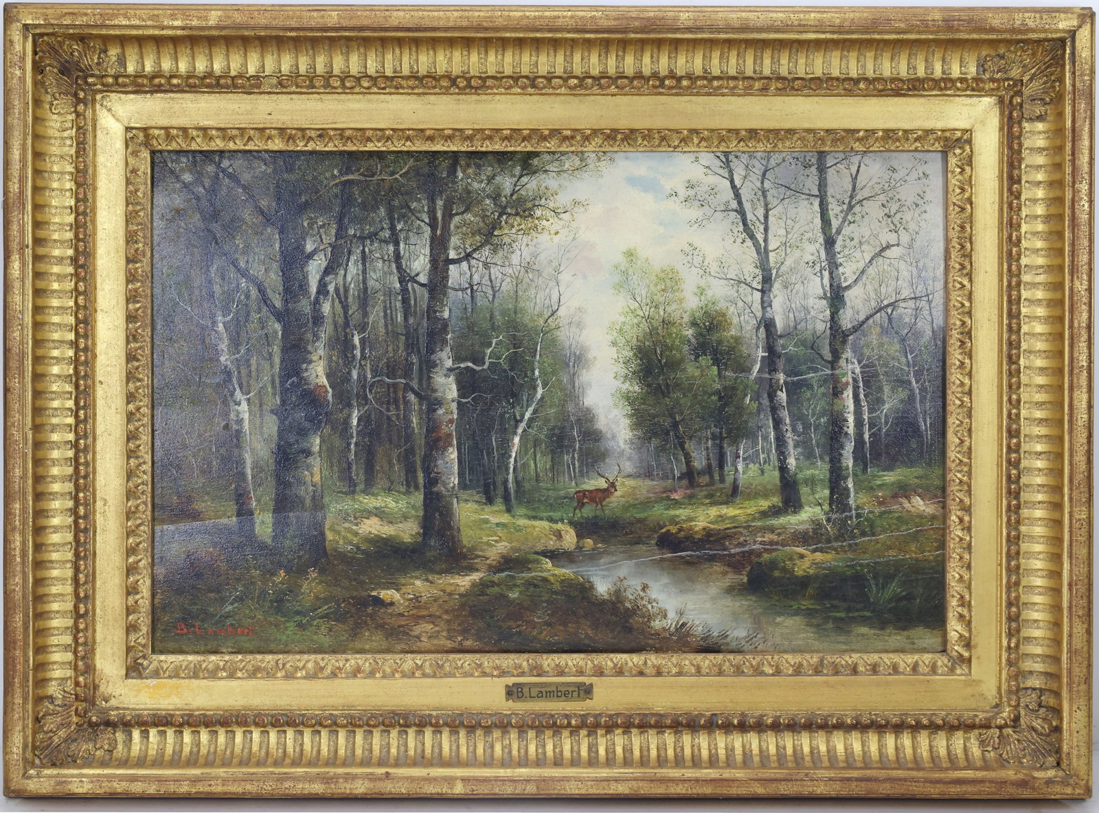 Karl Kaufmann (1843 - c. 1901/05): Oil on board (panel), "From the Surroundings of Versailles", SLL "B. Lambert", Realist woodland landscape with deer by a stream under tall trees. 12"h x 18.5"w and 18.5"h x 24.5"w framed
