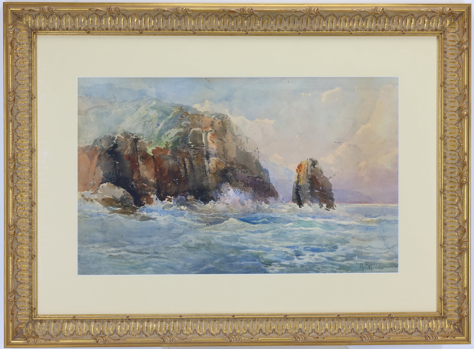 Robert Shaw (1859-1912): Watercolor, SLR. Rocky coastal landscape with choppy waters. 12"h x 20"w sight and 21"h x 29"w framed