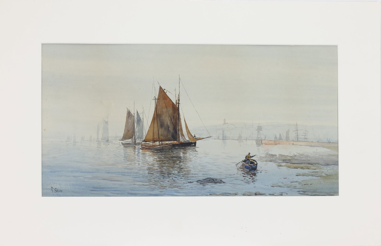 Robert Shaw (1859-1912): Watercolor, SLL. Misty harbor landscape with multiple masted ships. 11"h x 21.5"w and 18"h x 28"w matted (not framed)